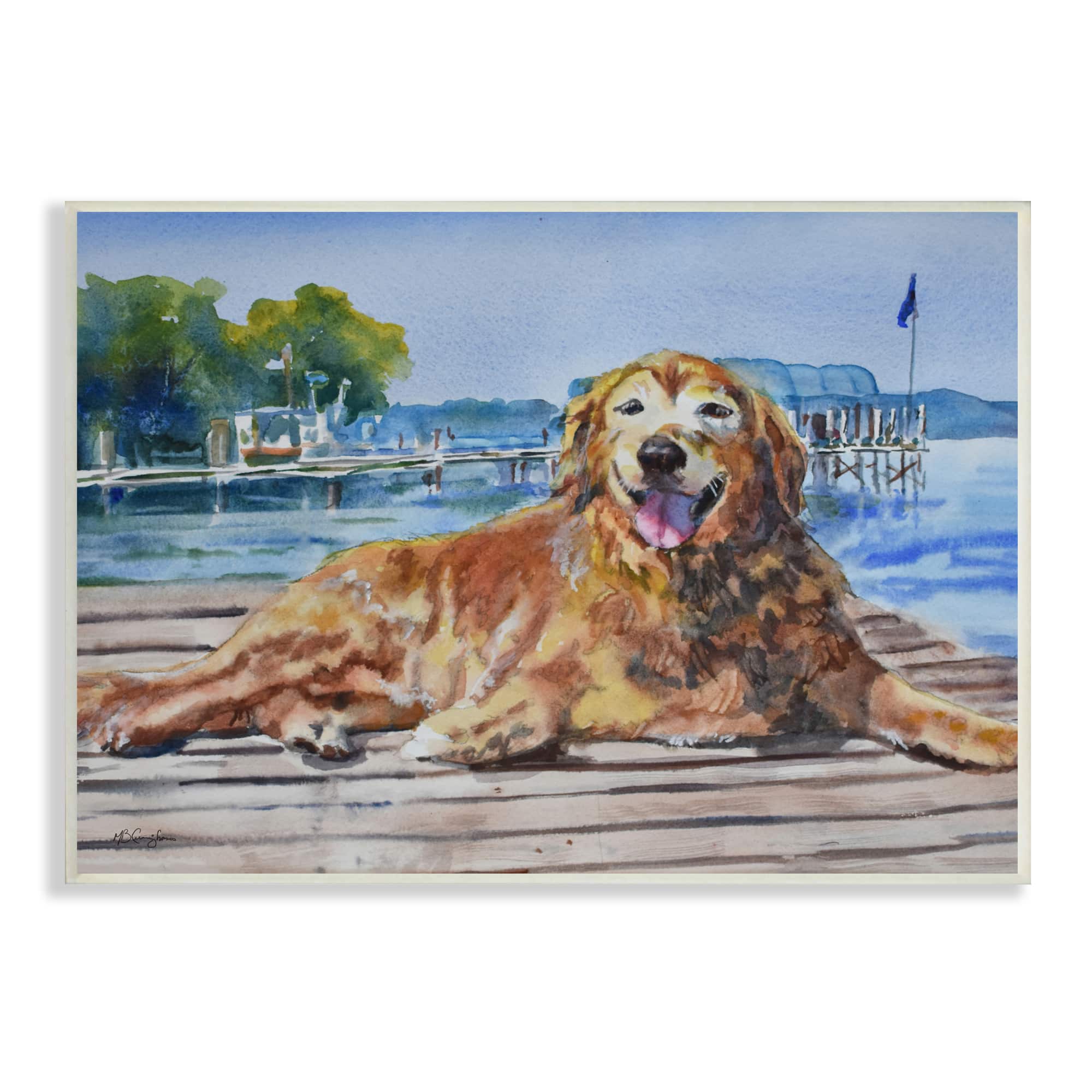 Stupell Industries Coastal Golden Retriever Relaxing Dock Wall Plaque Art