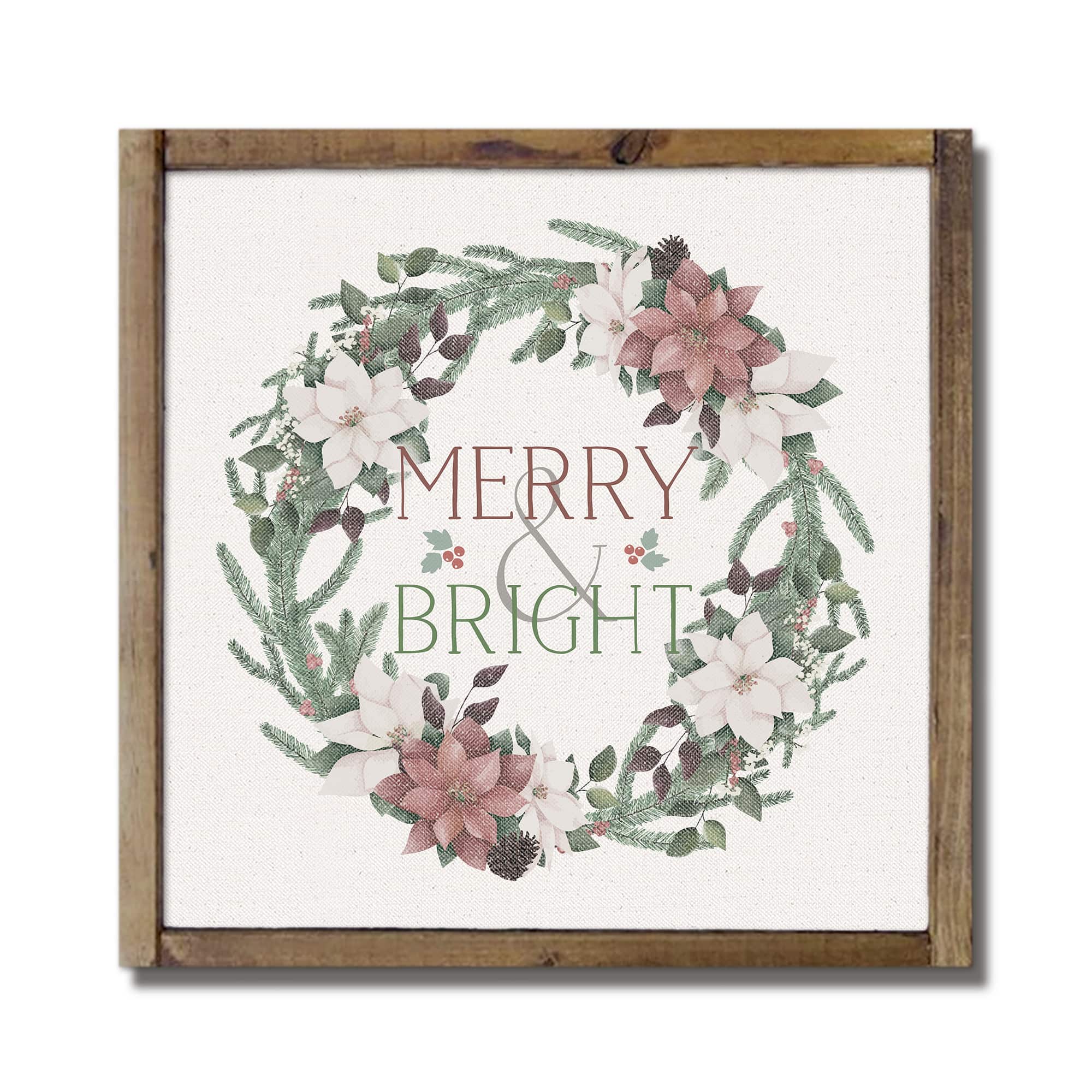 Merry &#x26; Bright Wreath Framed Wood Plaque