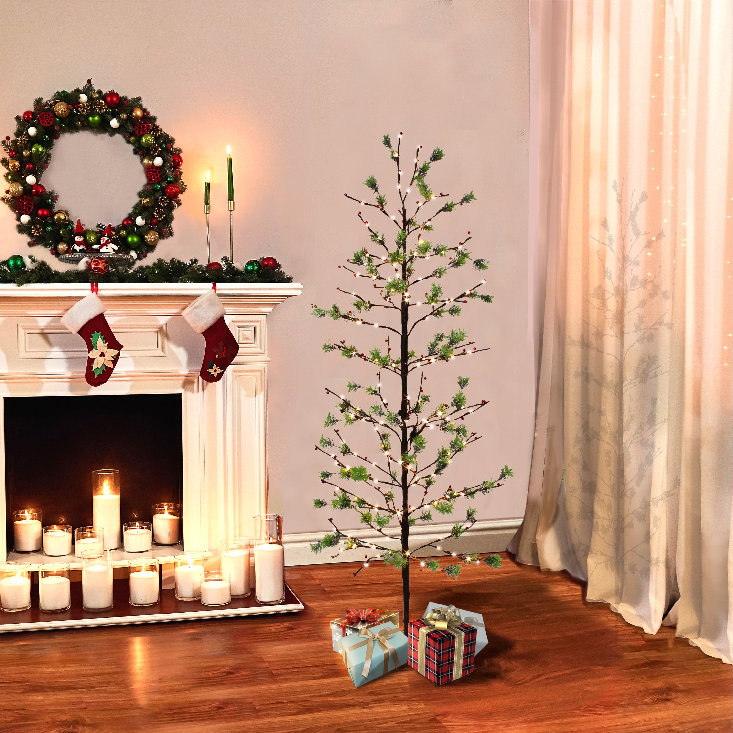6ft. Pre-Lit Twig Artificial Christmas Tree, White LED Twinkle Lights