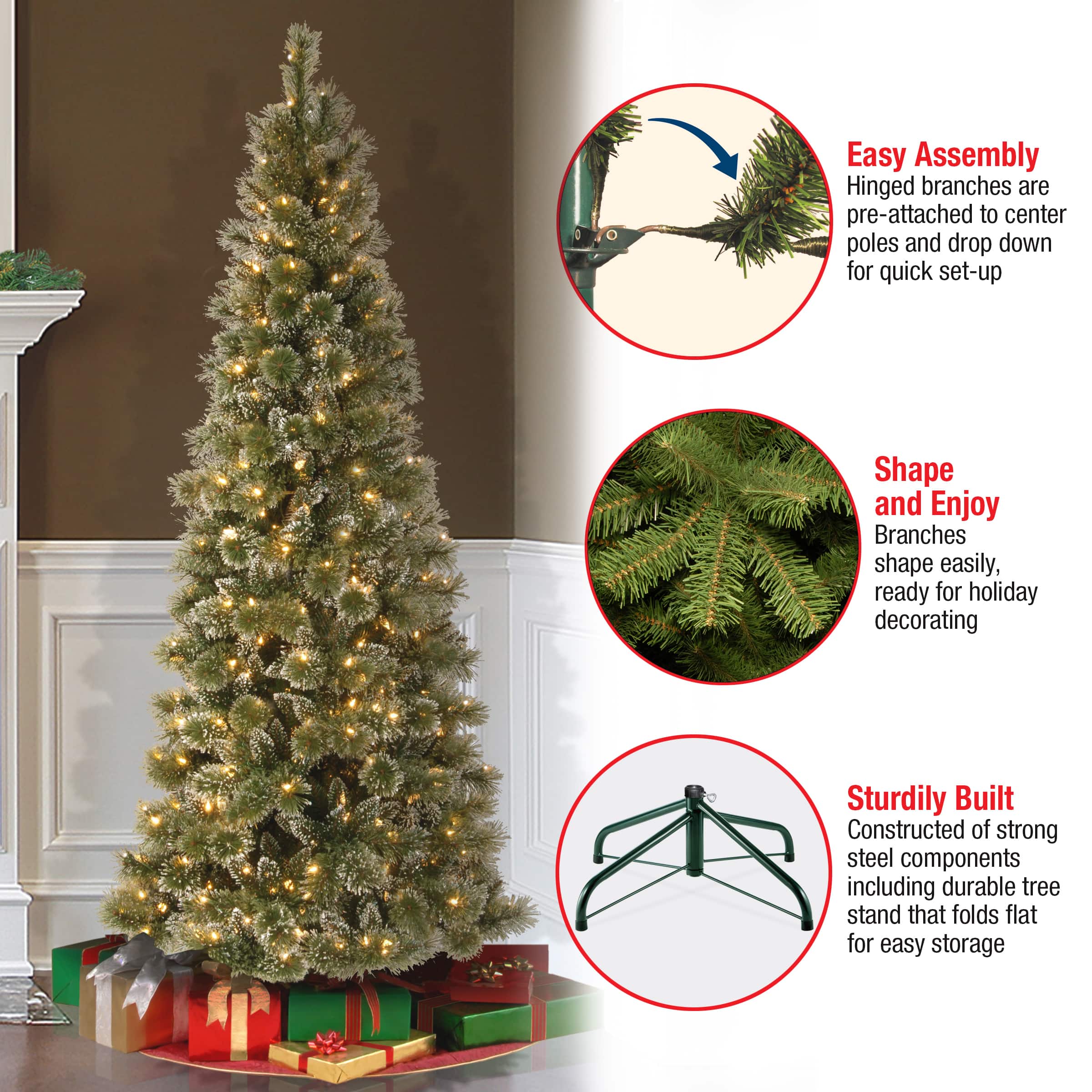 6.5 ft. Glittery Bristle Pine Slim Artificial Christmas Tree, Warm White Diamond Cap LED Lights