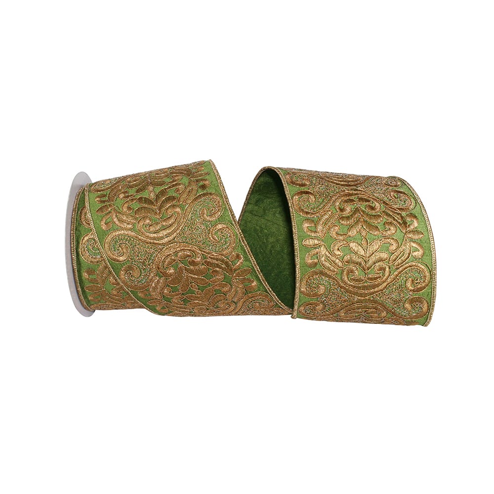JAM Paper 4" x 5yd. Green & Embroidered Gold Scroll Wired Ribbon
