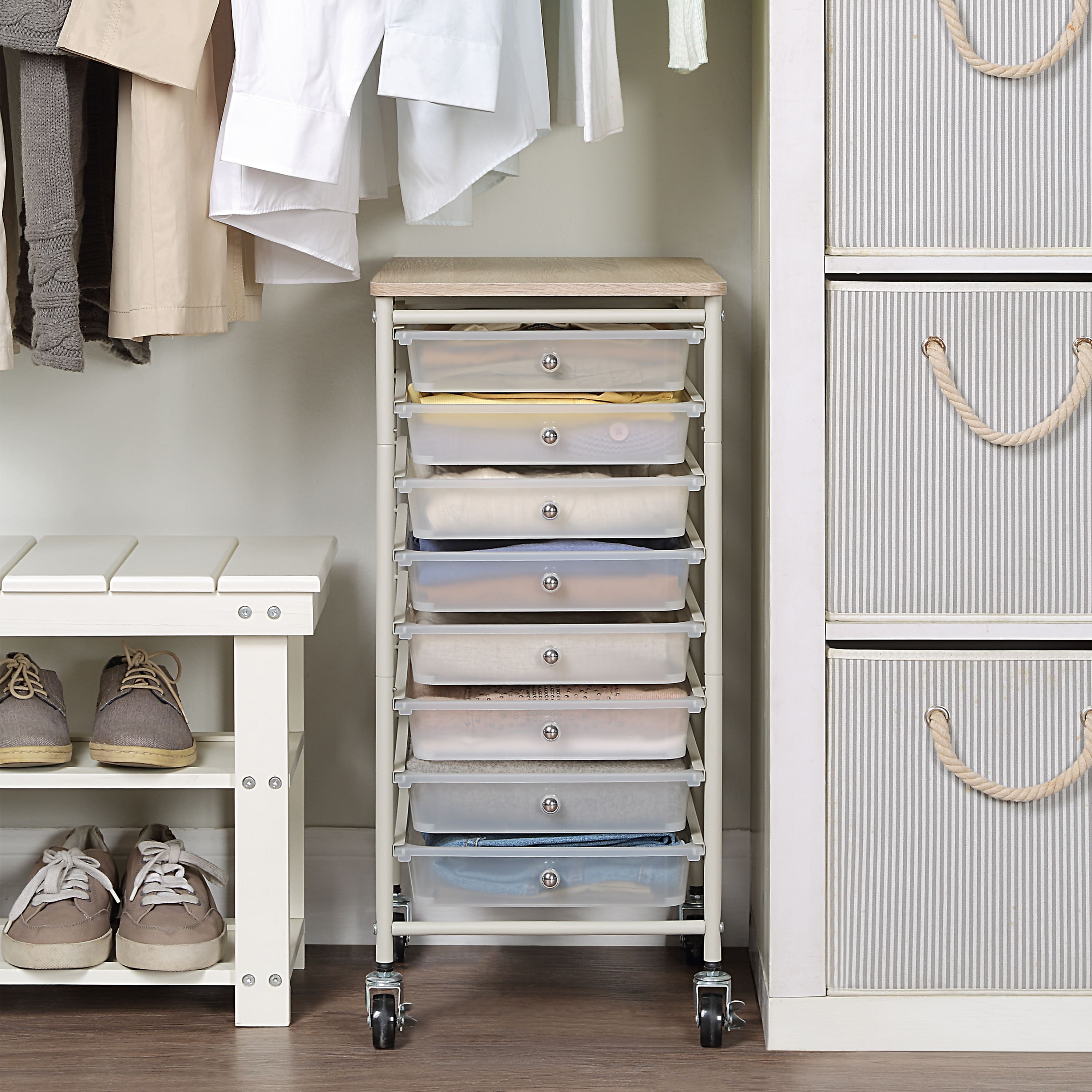 SunnyPoint Wooden Top Compact Rolling Storage 8 Drawers Organizer Mobile Utility Cart