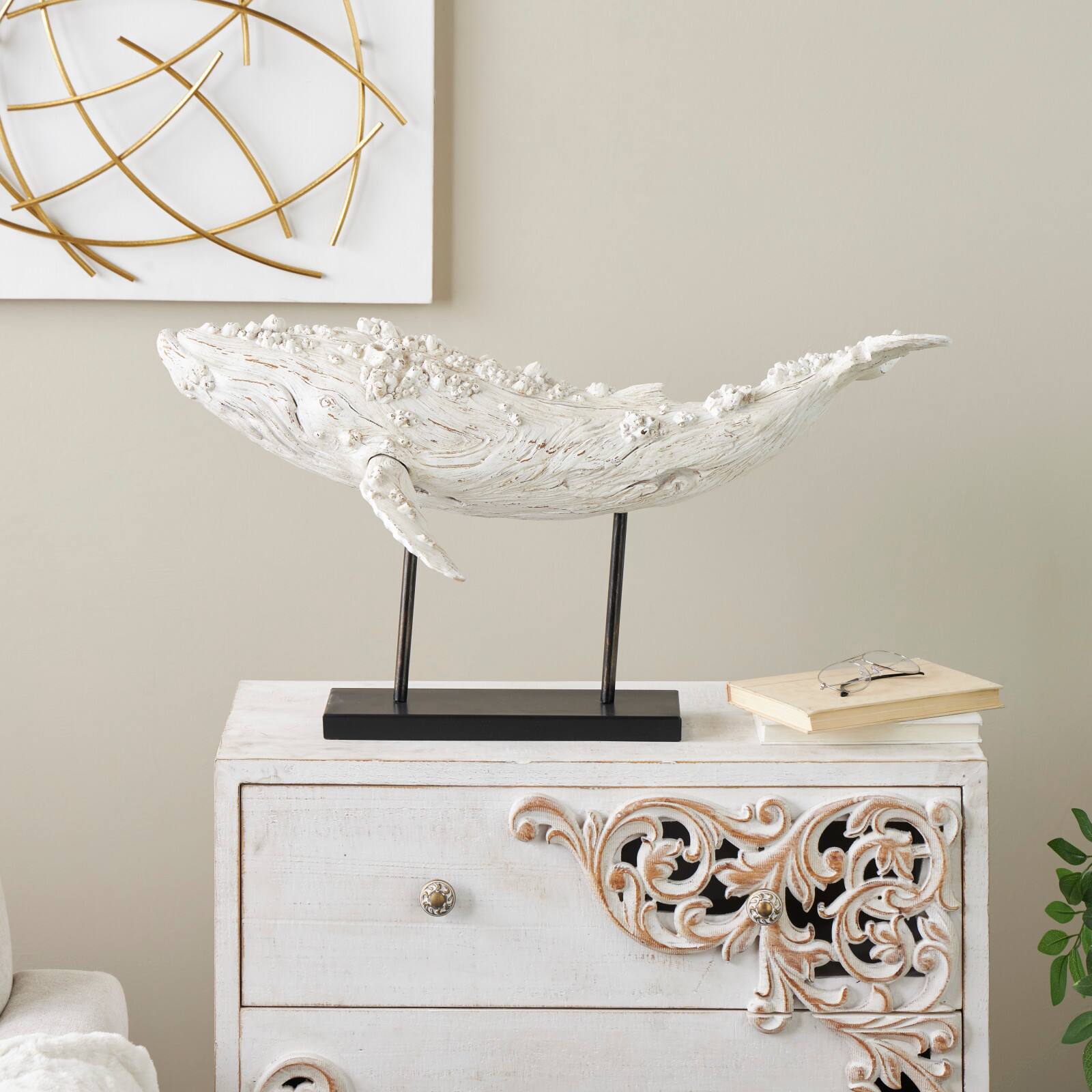 32" Cream Polystone Whale Sculpture with Brown Distressing & Black Metal Stand