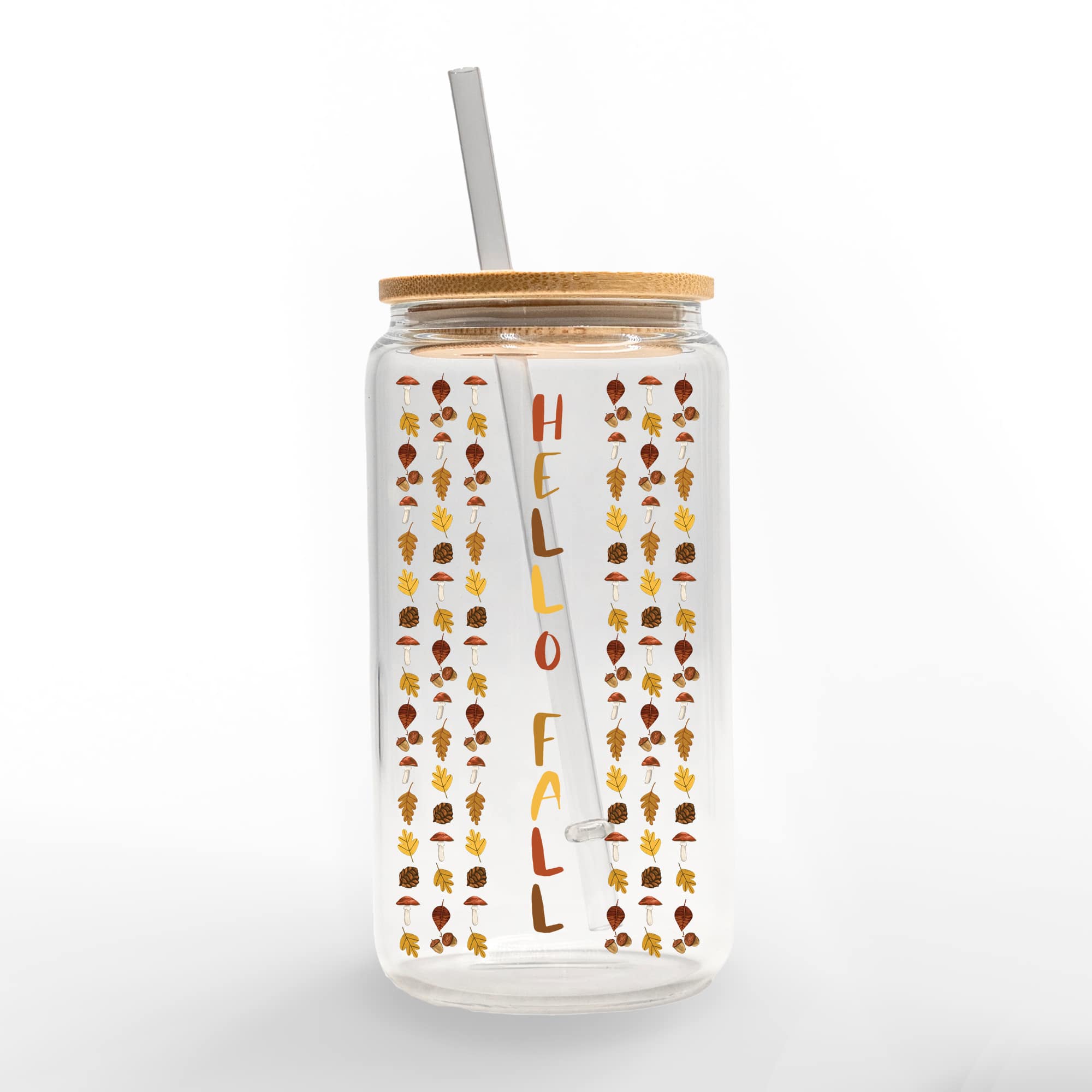 Hello Fall Leaf Border 16oz. Glass Can Cup