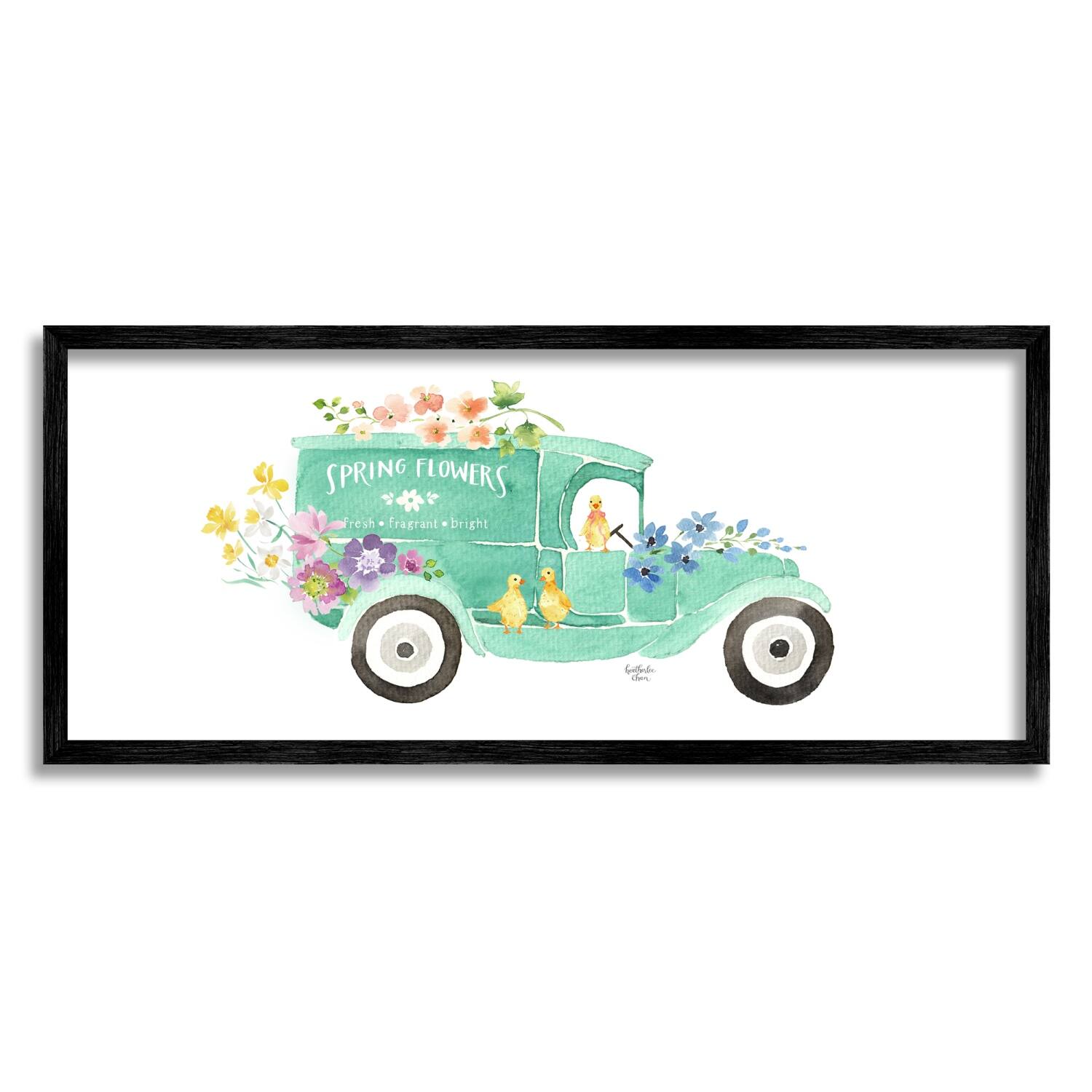 Stupell Industries Chicks Driving Spring Flowers Car Floral Blossoms Framed Giclee Art