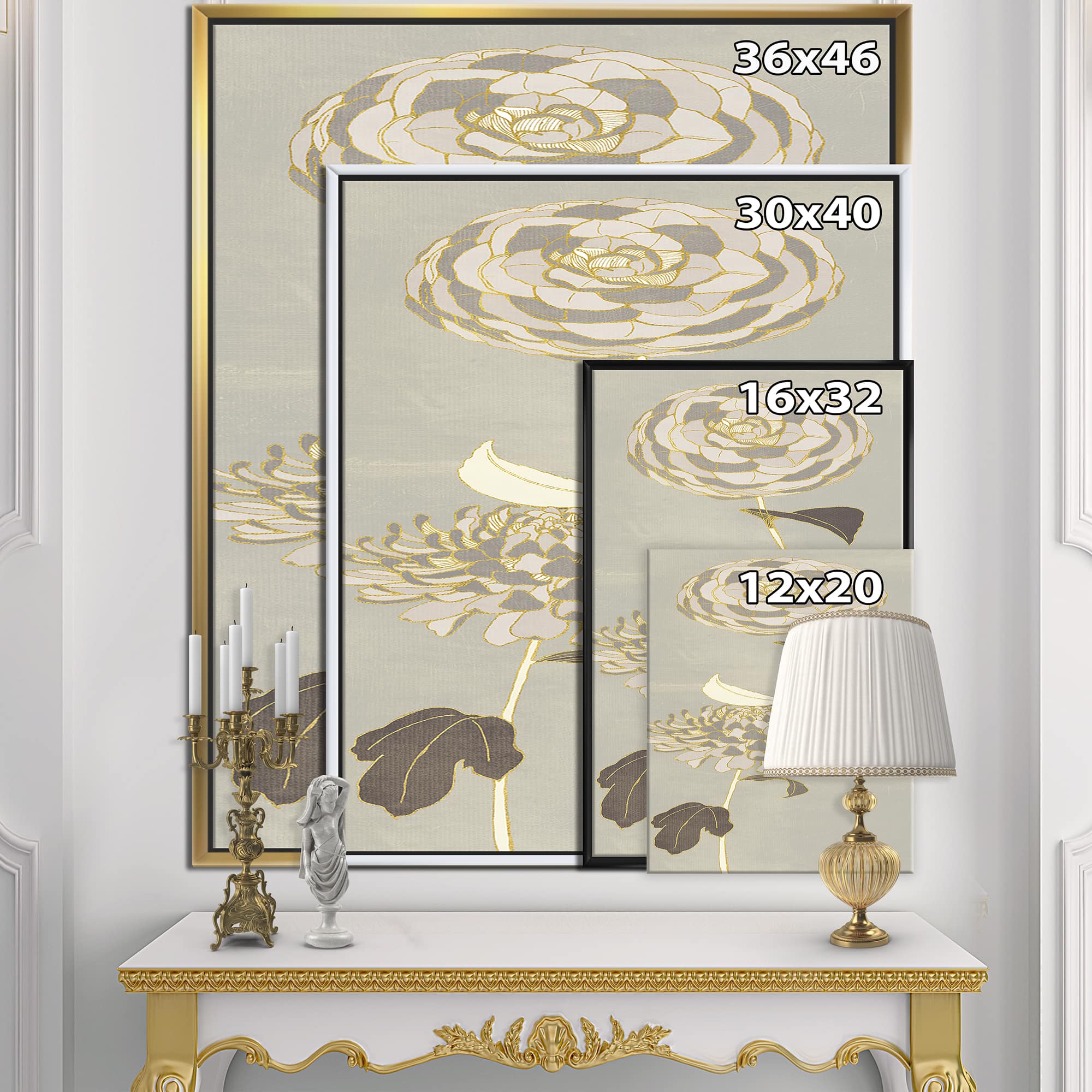 Designart - Gold Metallic Floral Garden III - Modern Glam Canvas in Gold Frame