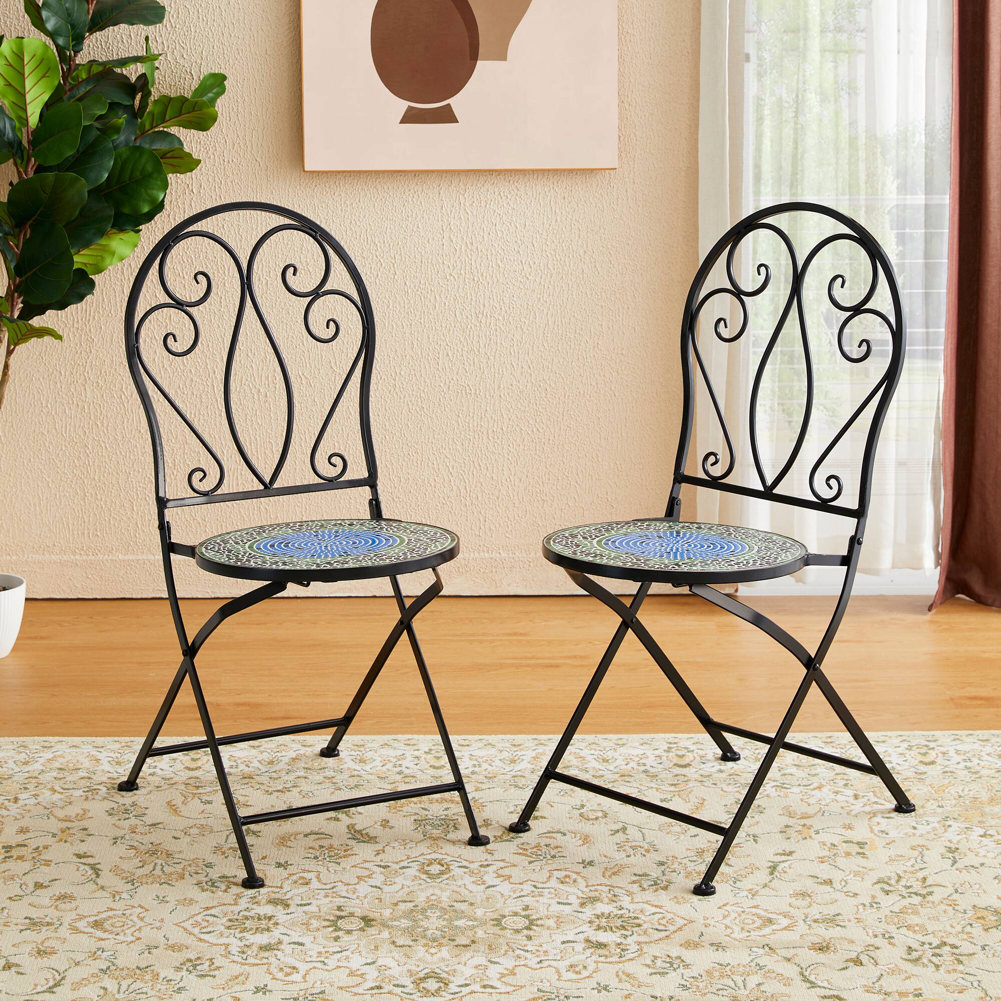 Glitzhome&#xAE; 36.5&#x22; Green Outdoor Metal Folding Bistro Chairs with Ceramic Tiles Seat, 2ct.