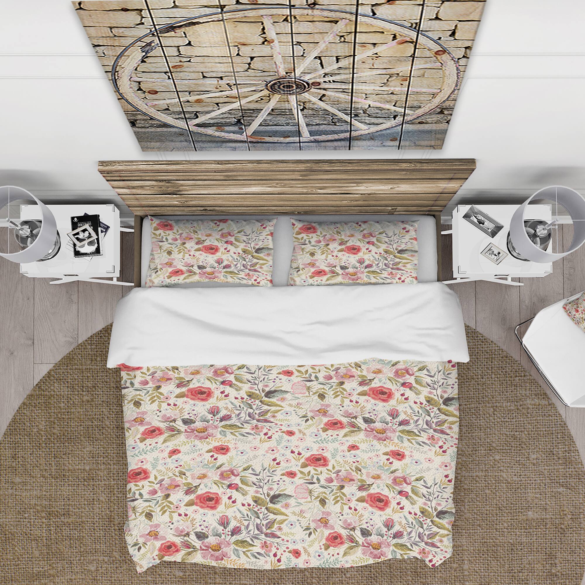 Designart &#x27;Vintage Red Pink Flower and Leaves&#x27; Rustic Bedding Set - Duvet Cover &#x26; Shams