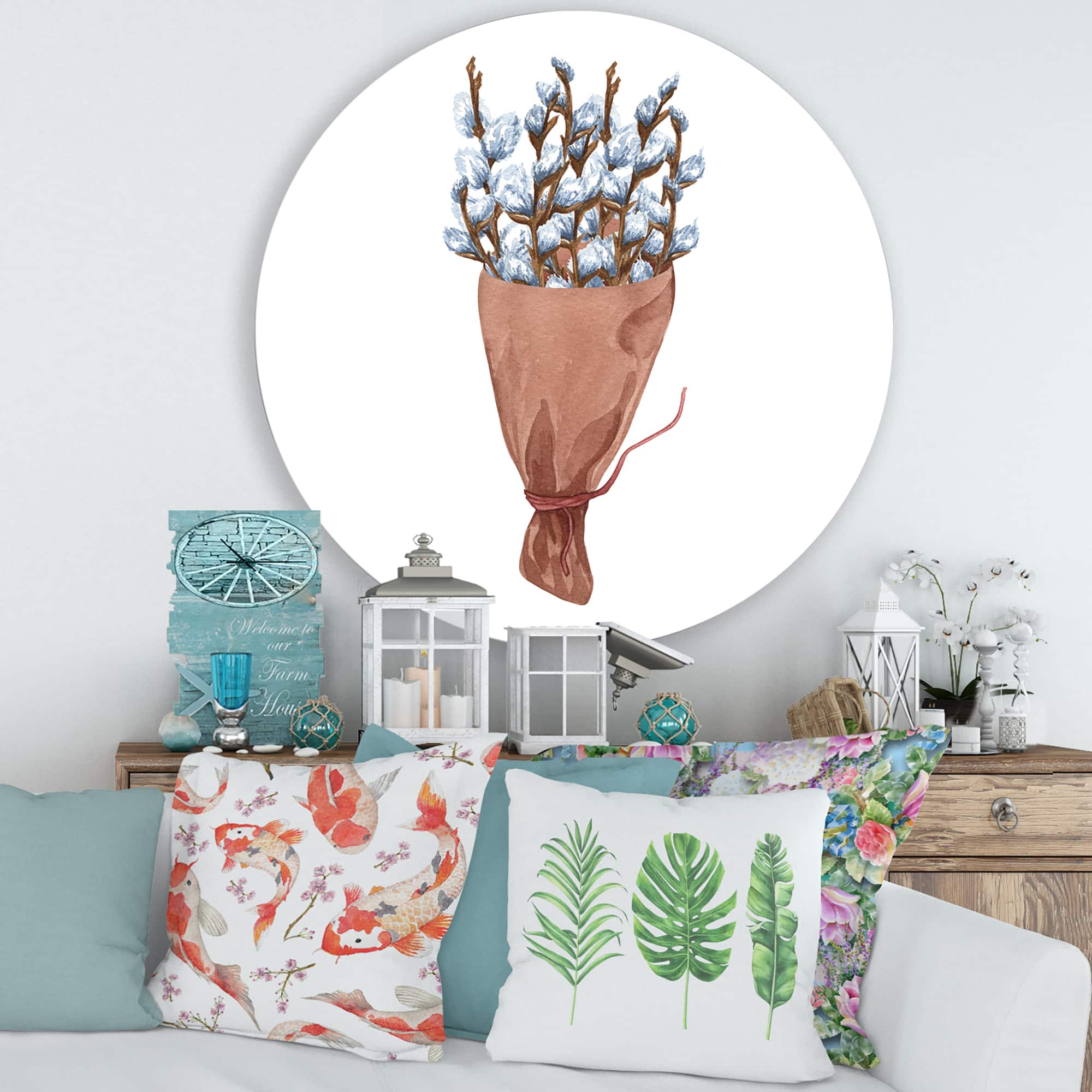 Designart - Bunch of Pussy Willow Twigs I - Farmhouse Metal Circle Wall Art