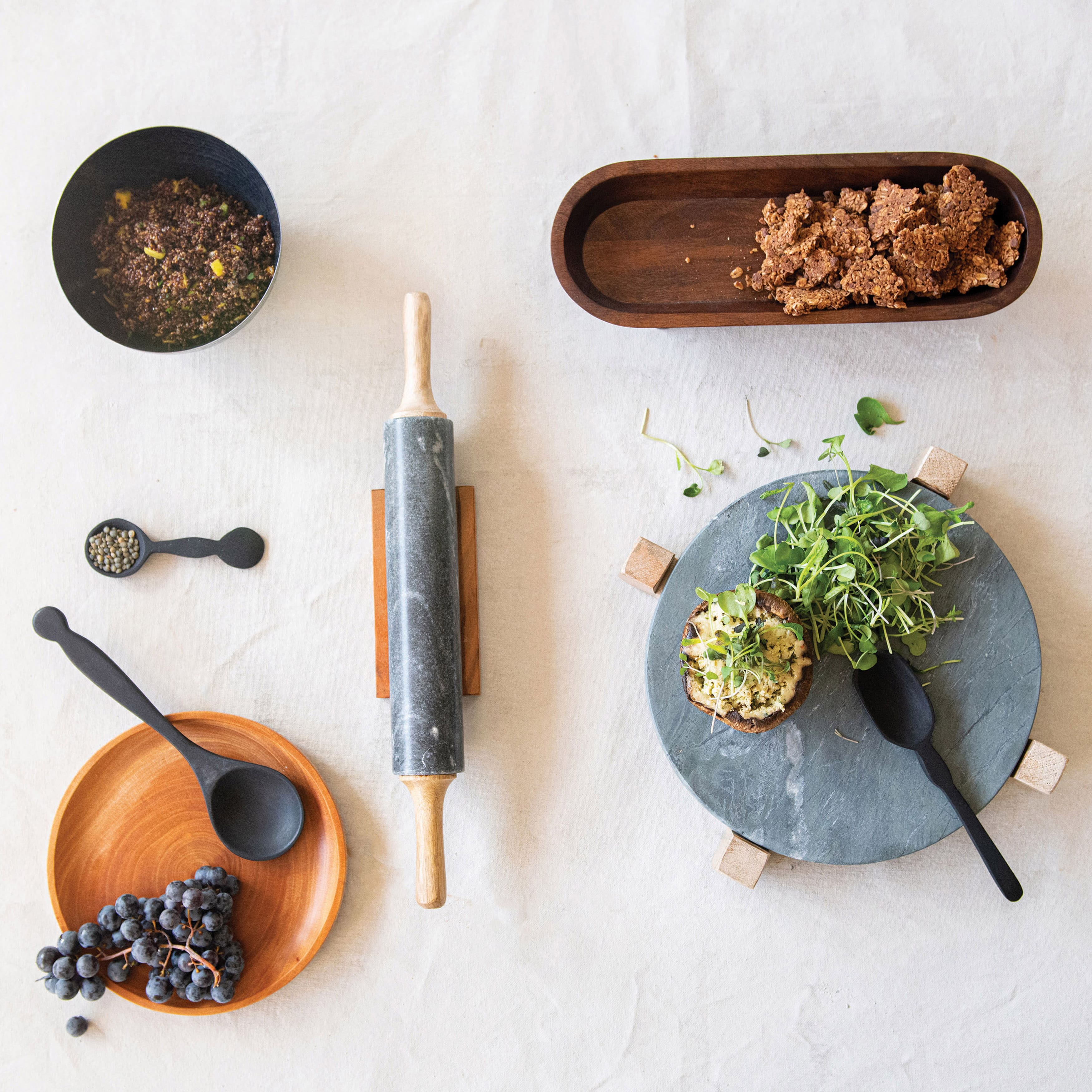 Black &#x26; Natural Marble Serving Board with Mango Wood Stand Set