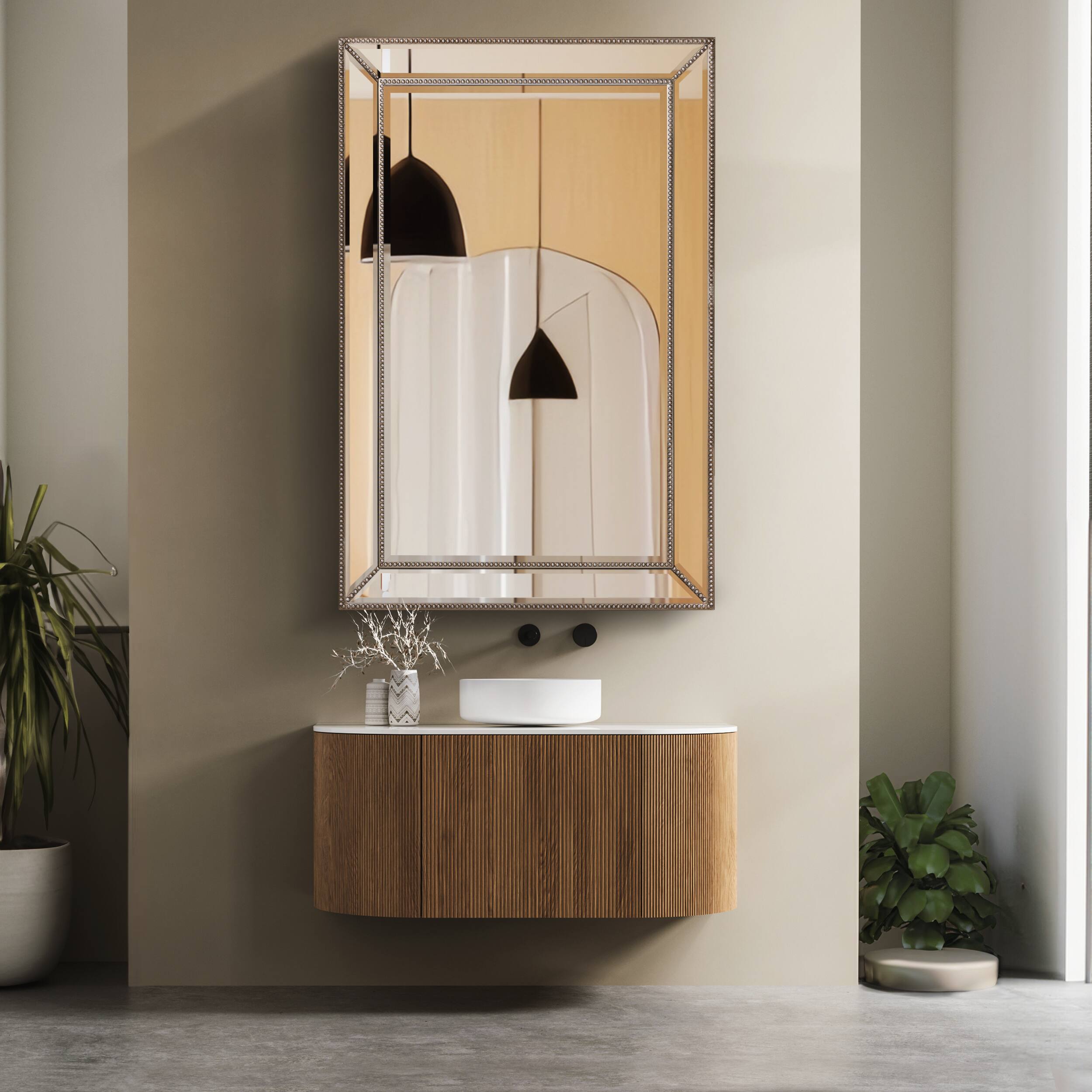 Silver Champagne Beaded Frame Accent Beveled Wall Mirror - 30" x 42"