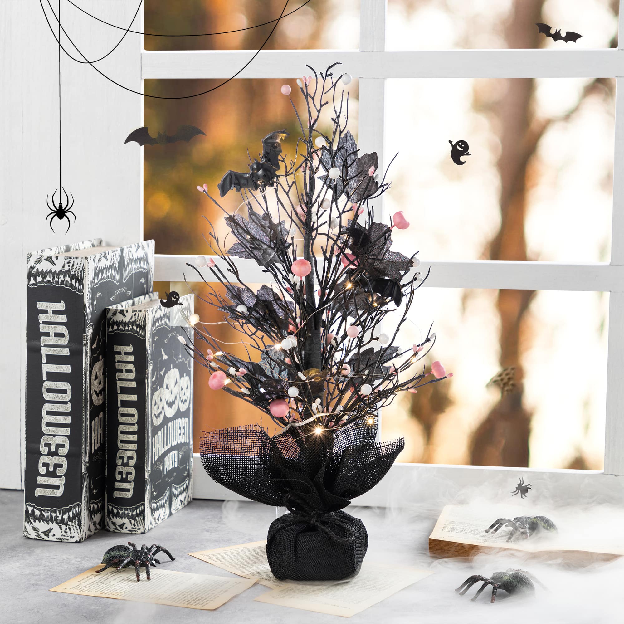 Glitzhome® 20"H Lighted Black and Pink Halloween Berries Table Tree