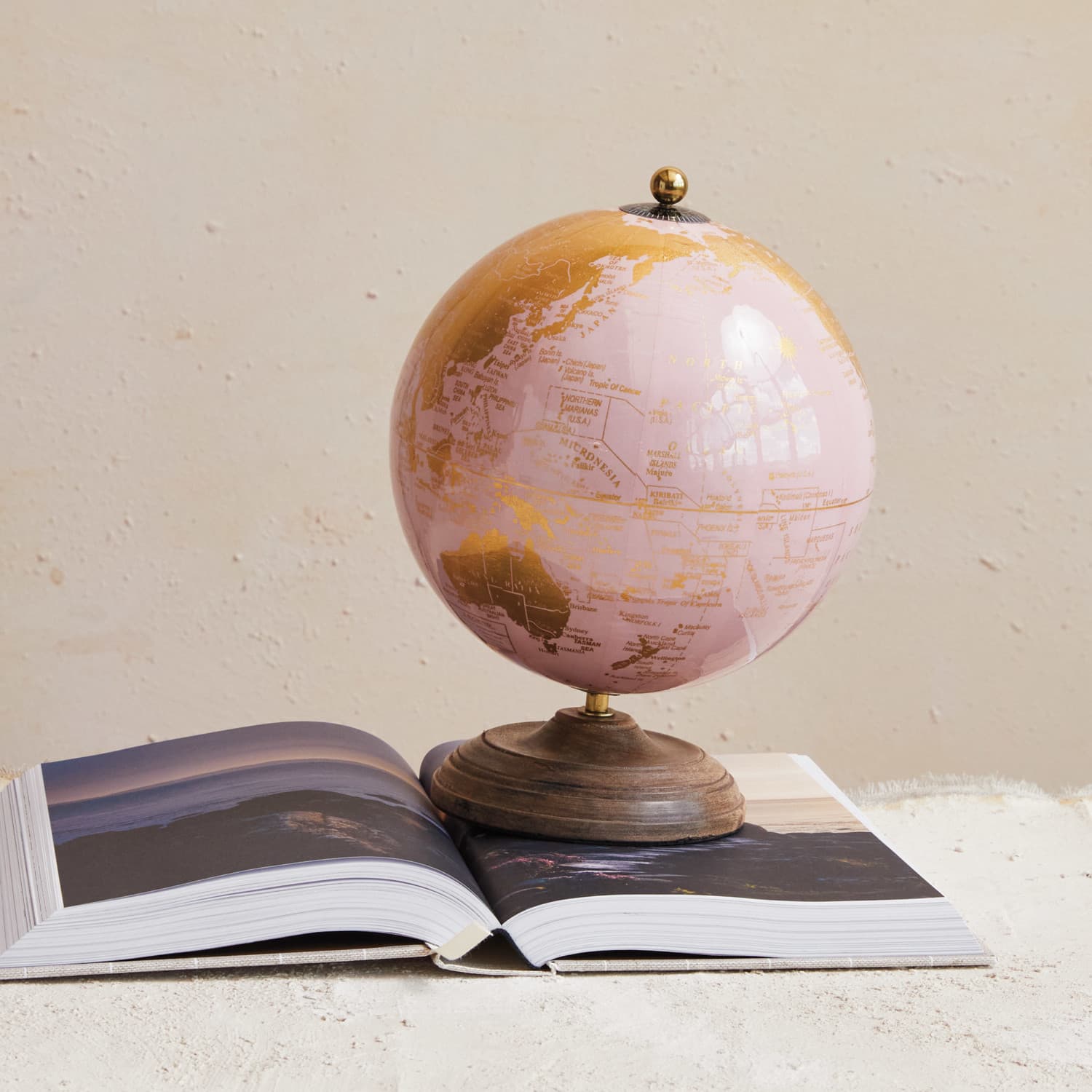 Hello Honey&#xAE; 10.75&#x22; Pink &#x26; Gold Metal &#x26; Plastic Globe on Natural Mango Wood Stand