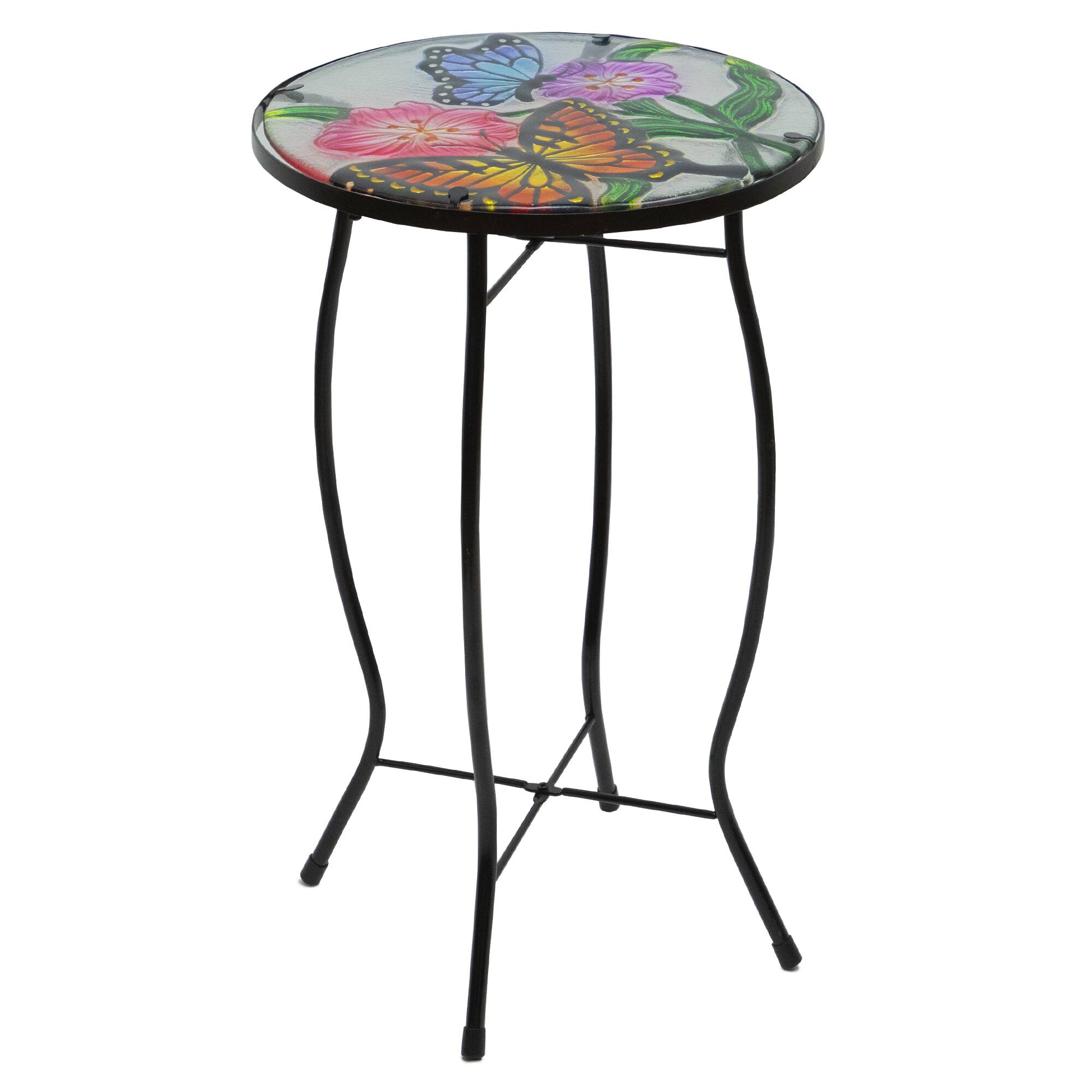 19&#x22; Floral &#x26; Butterfly Glass Patio Side Table