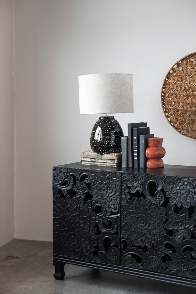 22&#x22; Black and White Dotted Stoneware Table Lamp with Linen Shade