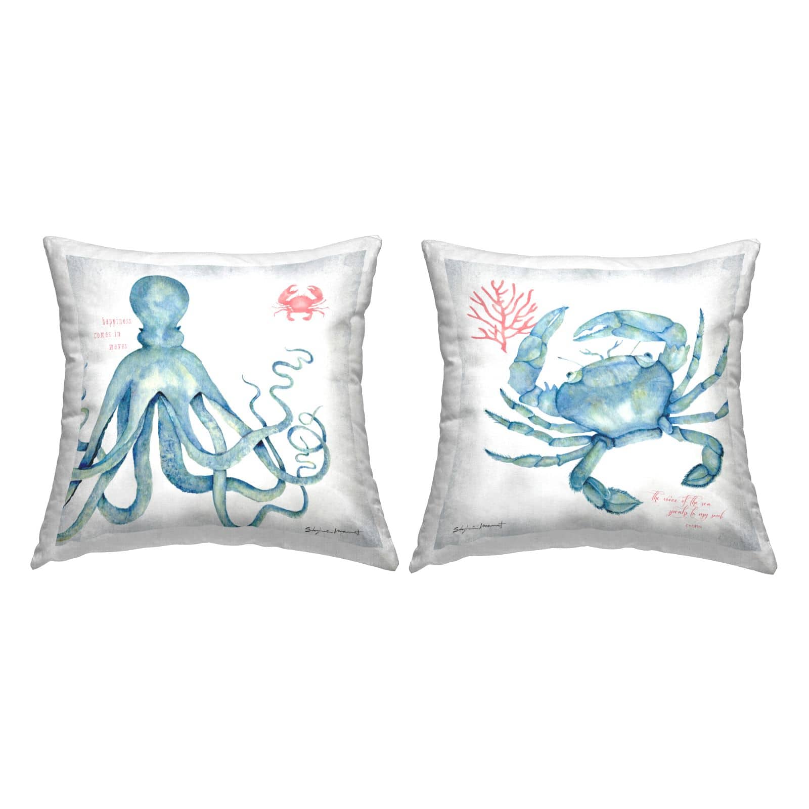 Stupell Industries Blue Aquatic Animals Ocean Botanicals Phrase 2 Pillow Set, 18" x 18"