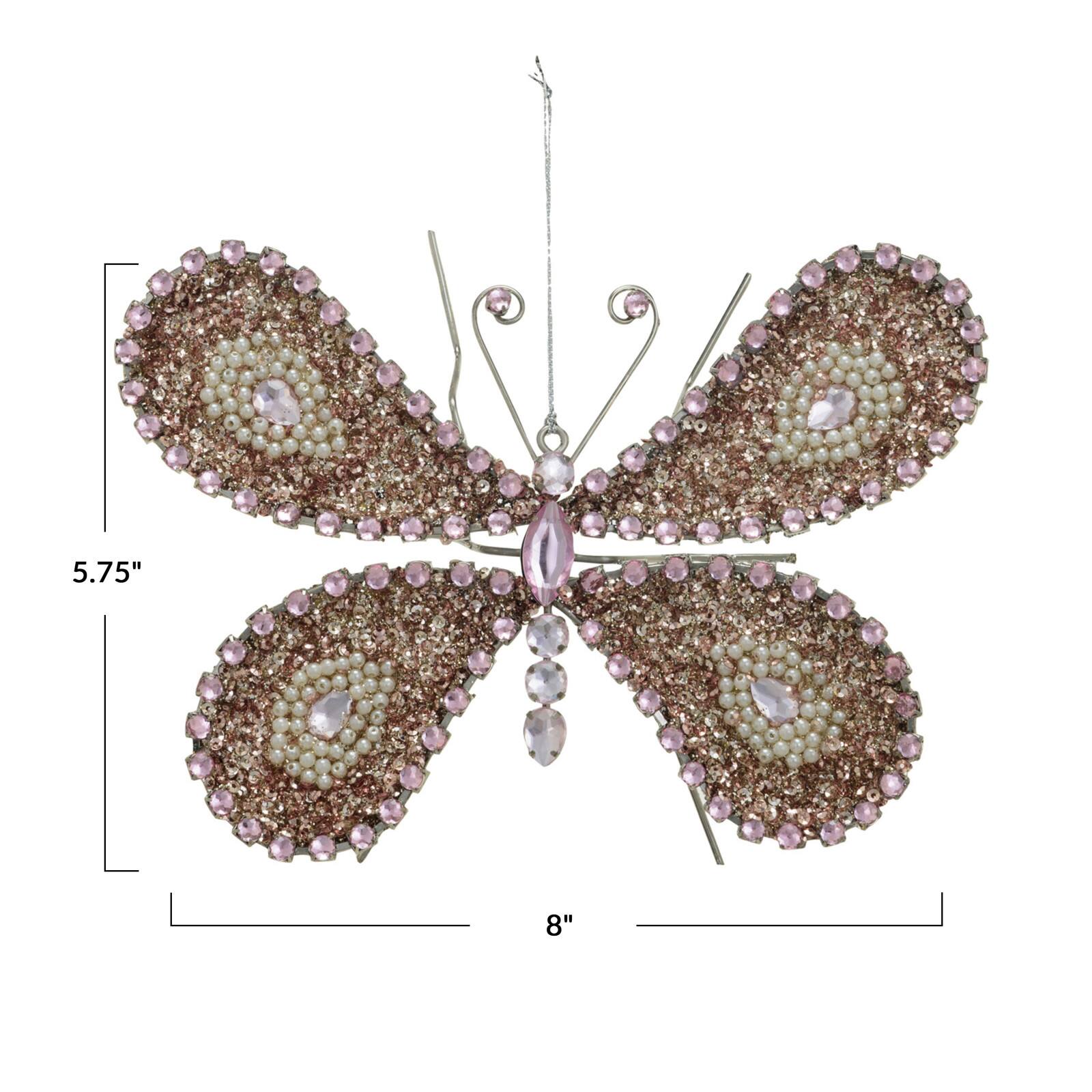 Hello Honey® 8" Silver, Pink & Cream Metal Butterfly Ornament with Sequins, Jewels & Beads