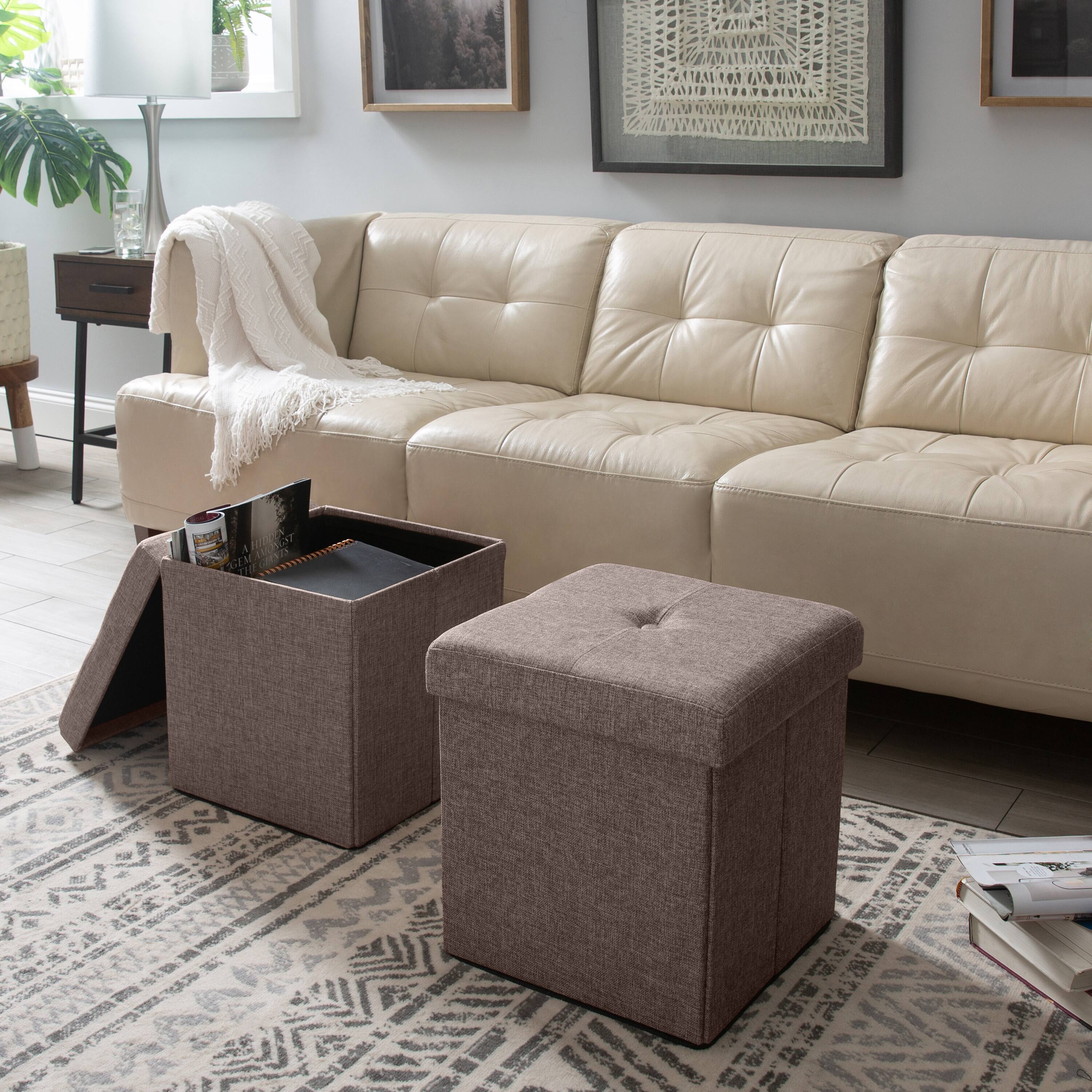 Simplify 15&#x22; Faux Linen Folding Storage Ottoman Cube