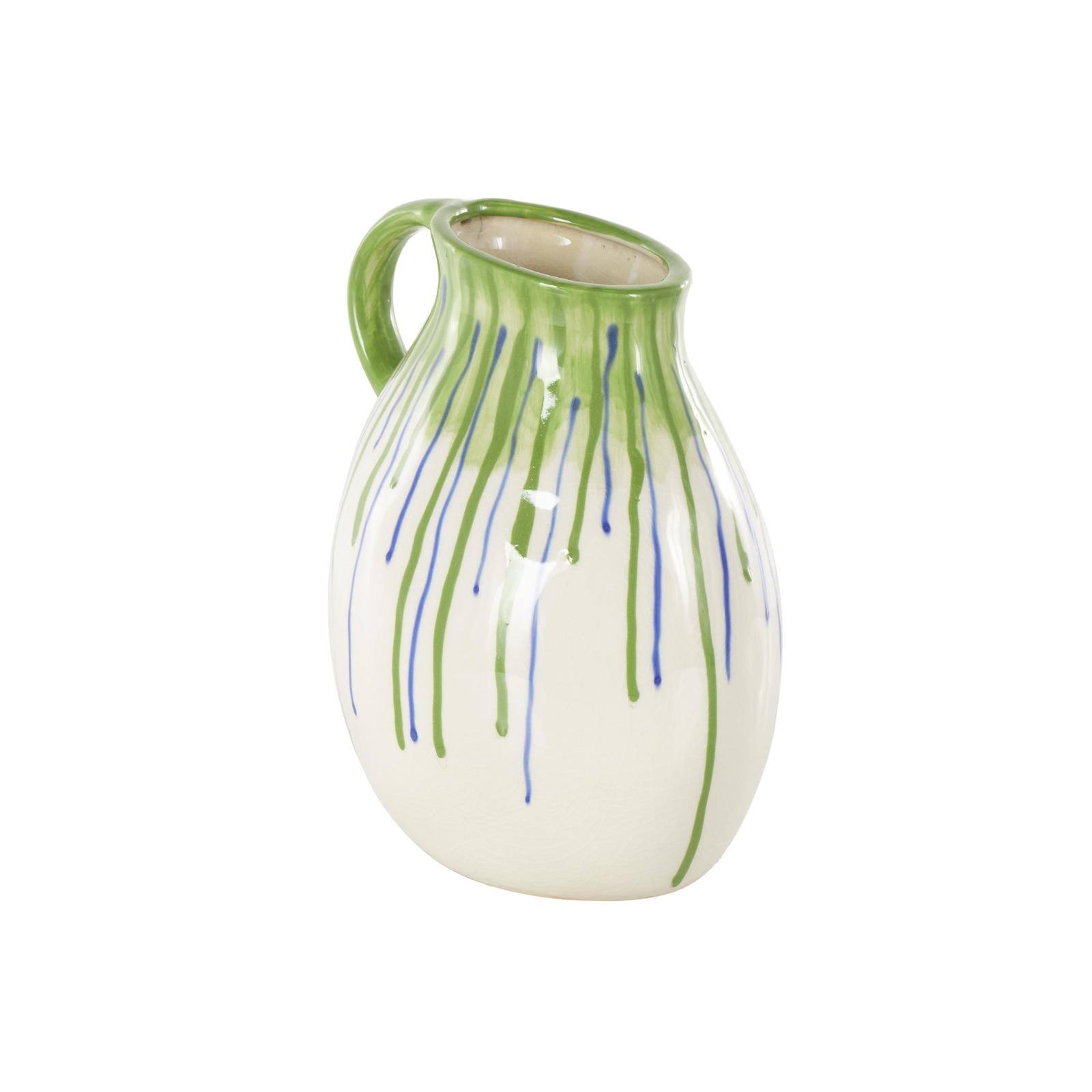 11" White, Green & Blue Drip Design Ceramic Vase with Handle