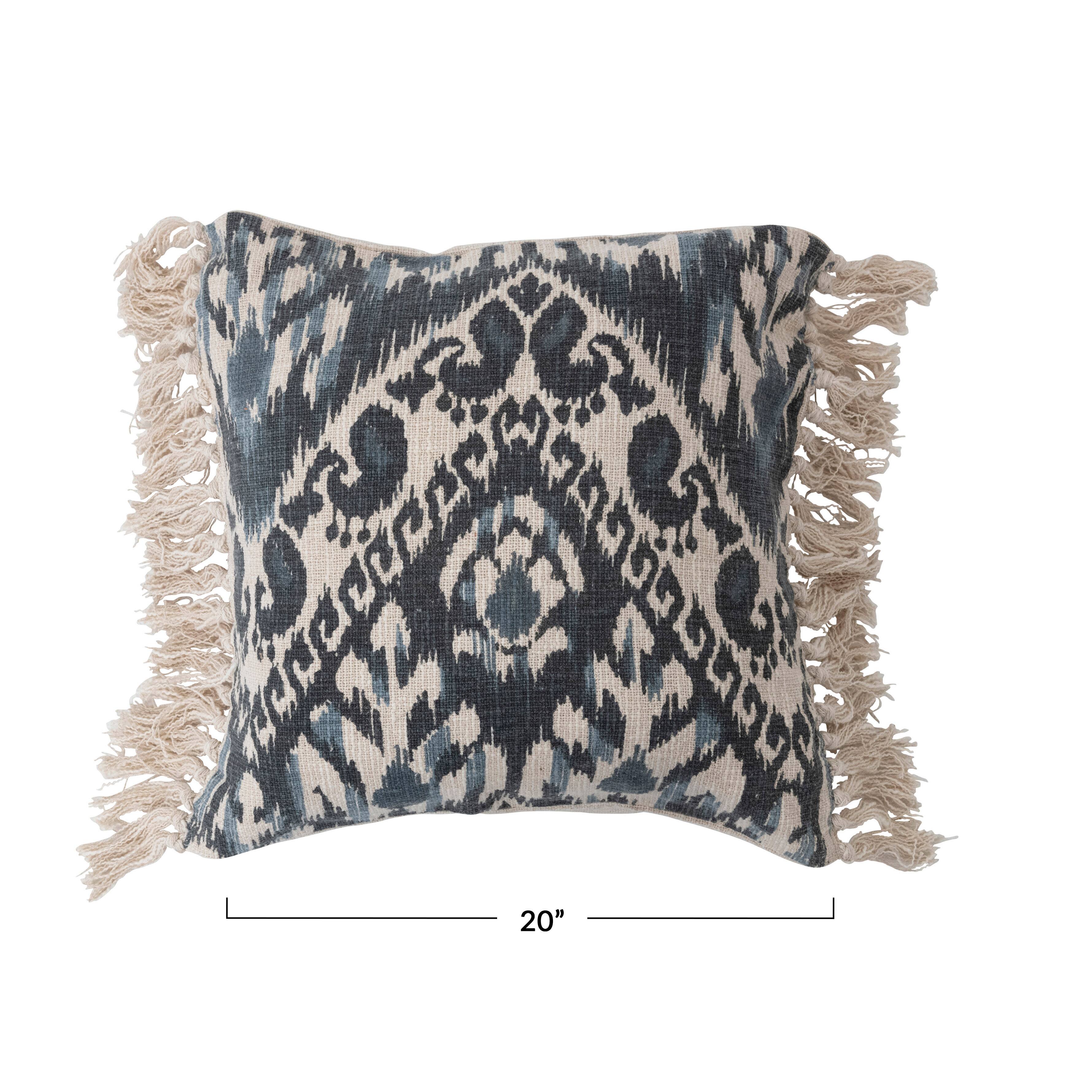 Hello Honey® Blue Stonewashed Ikat Pattern Woven Cotton Blend Pillow with Fringe