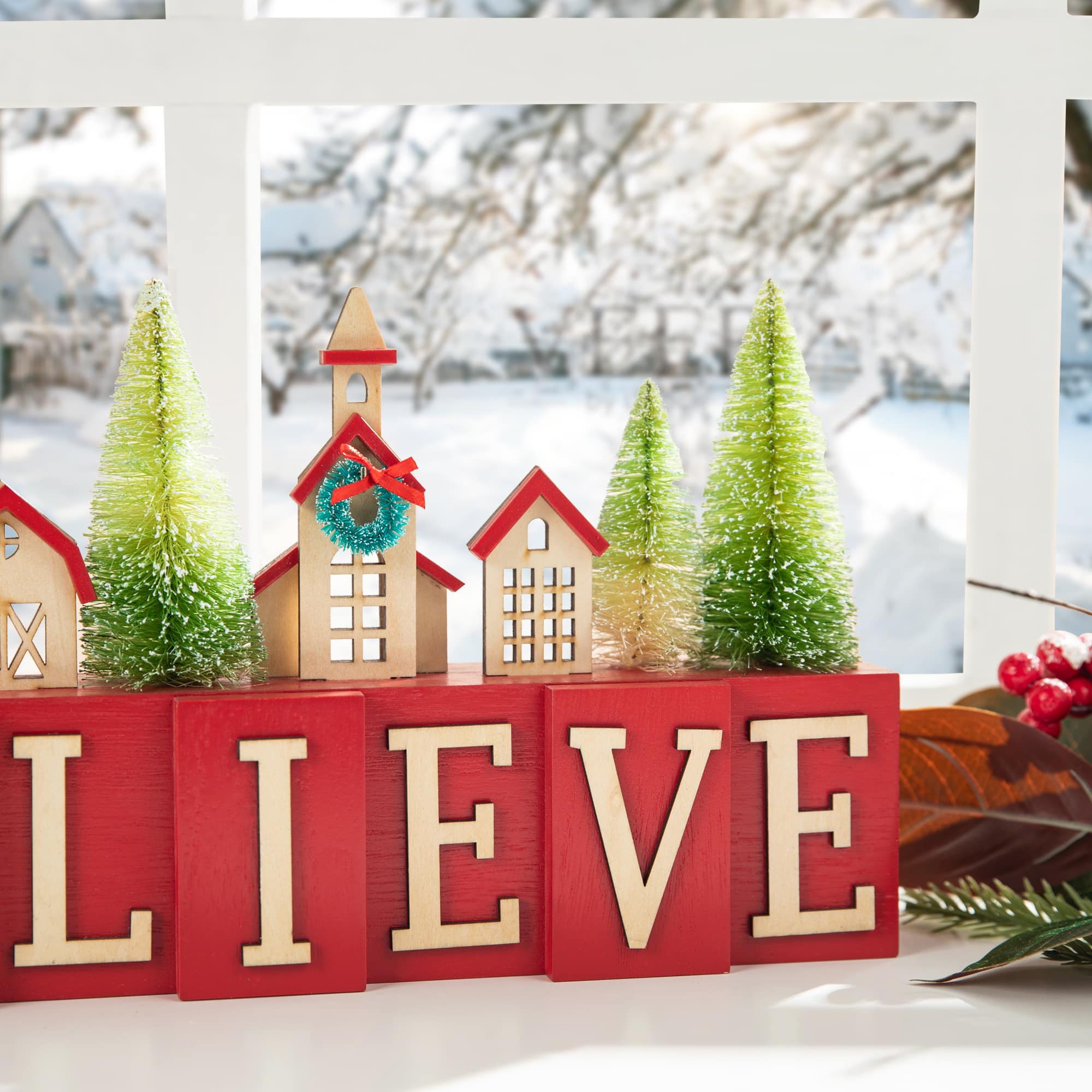 Glitzhome&#xAE; 14&#x22; Christmas Believe House &#x26; Brush Trees Table D&#xE9;cor