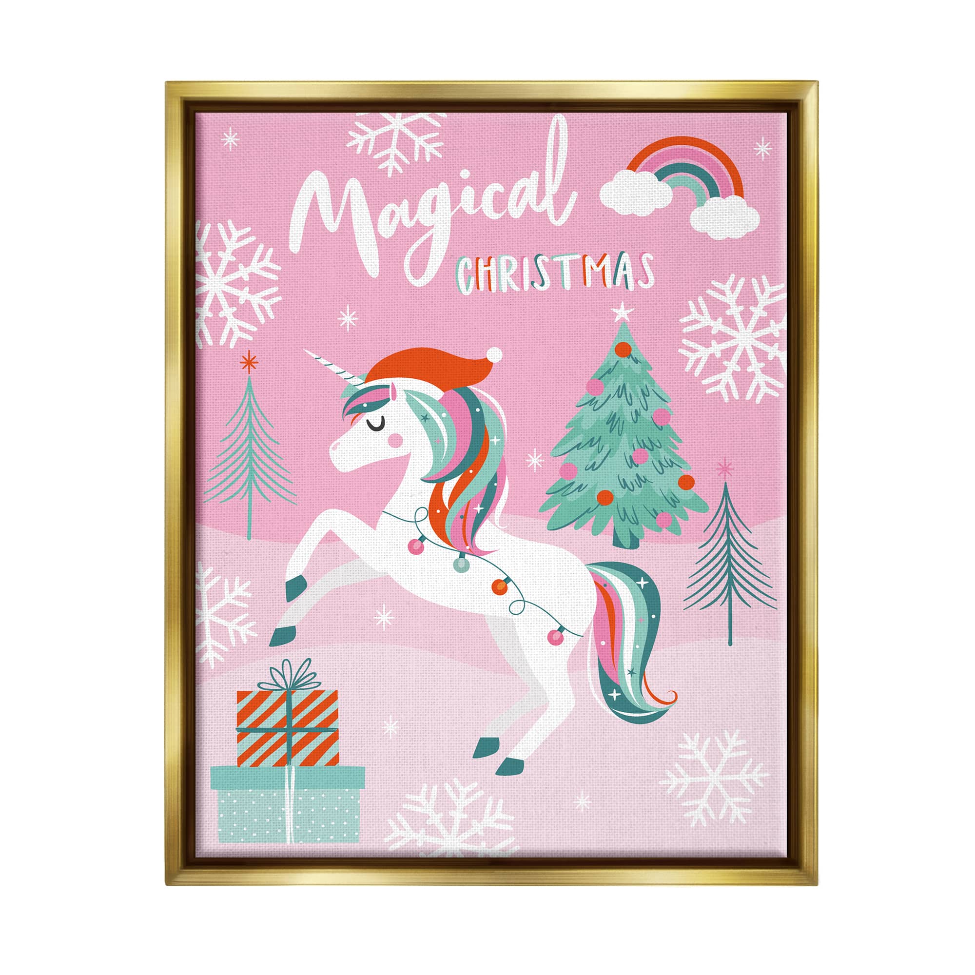 Stupell Industries Magical Christmas Pink Unicorn Framed Floater Canvas Wall Art