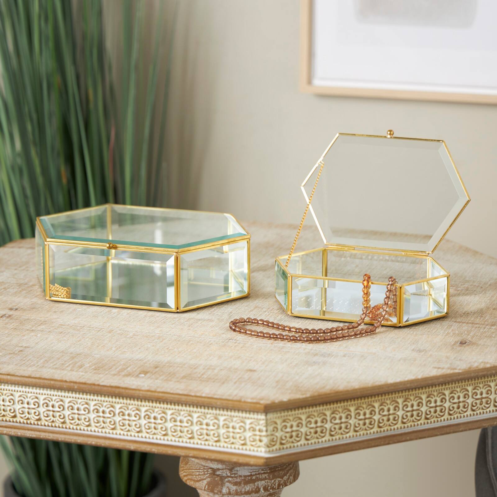 Clear & Gold Beveled Glass & Metal Wide Hexagon Jewelry Box with Chain Accent Set