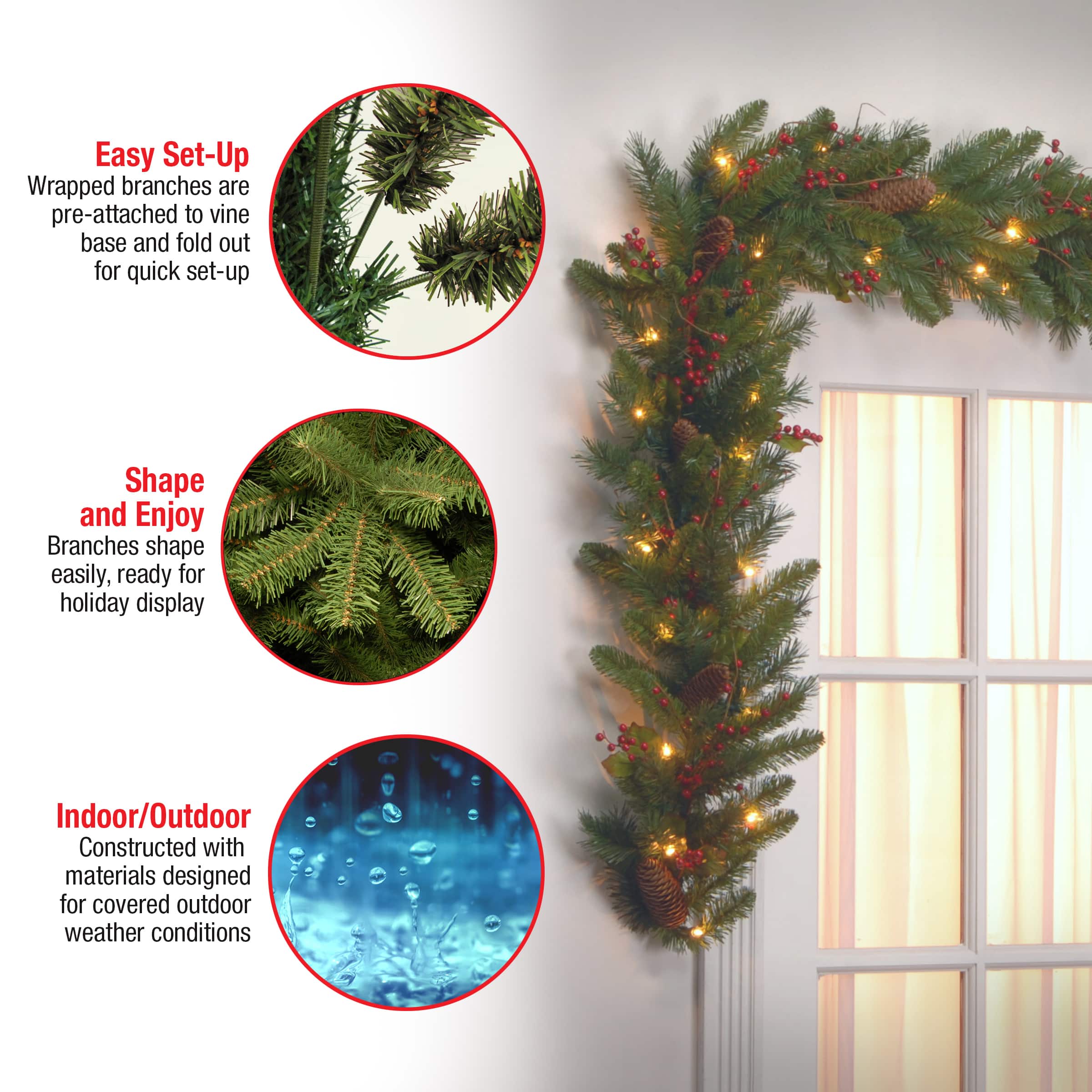 9' x 10" Pre-lit Classical Collection Artificial Christmas Garland with Red Berries, Cones, Holly Leaves and 50 Clear Lights