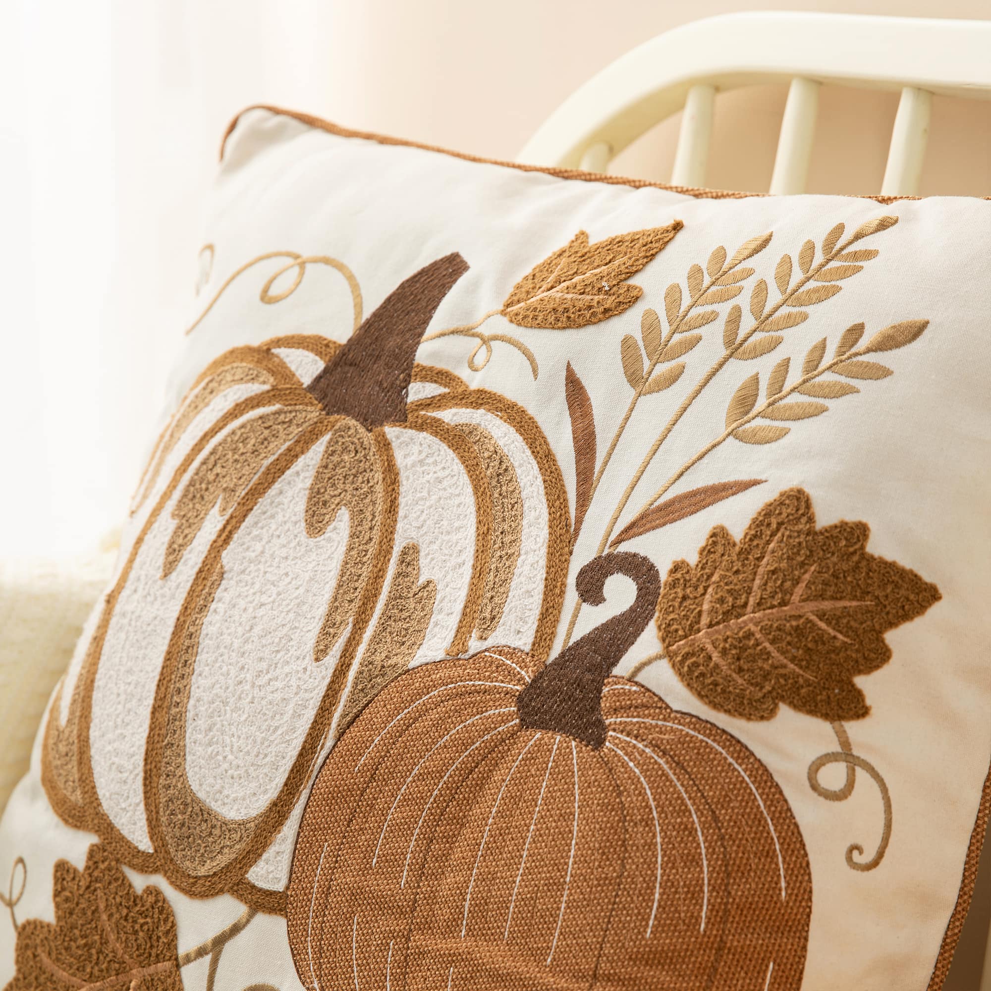 Glitzhome&#xAE; Cotton Embroidered Pumpkin Pillow Cover