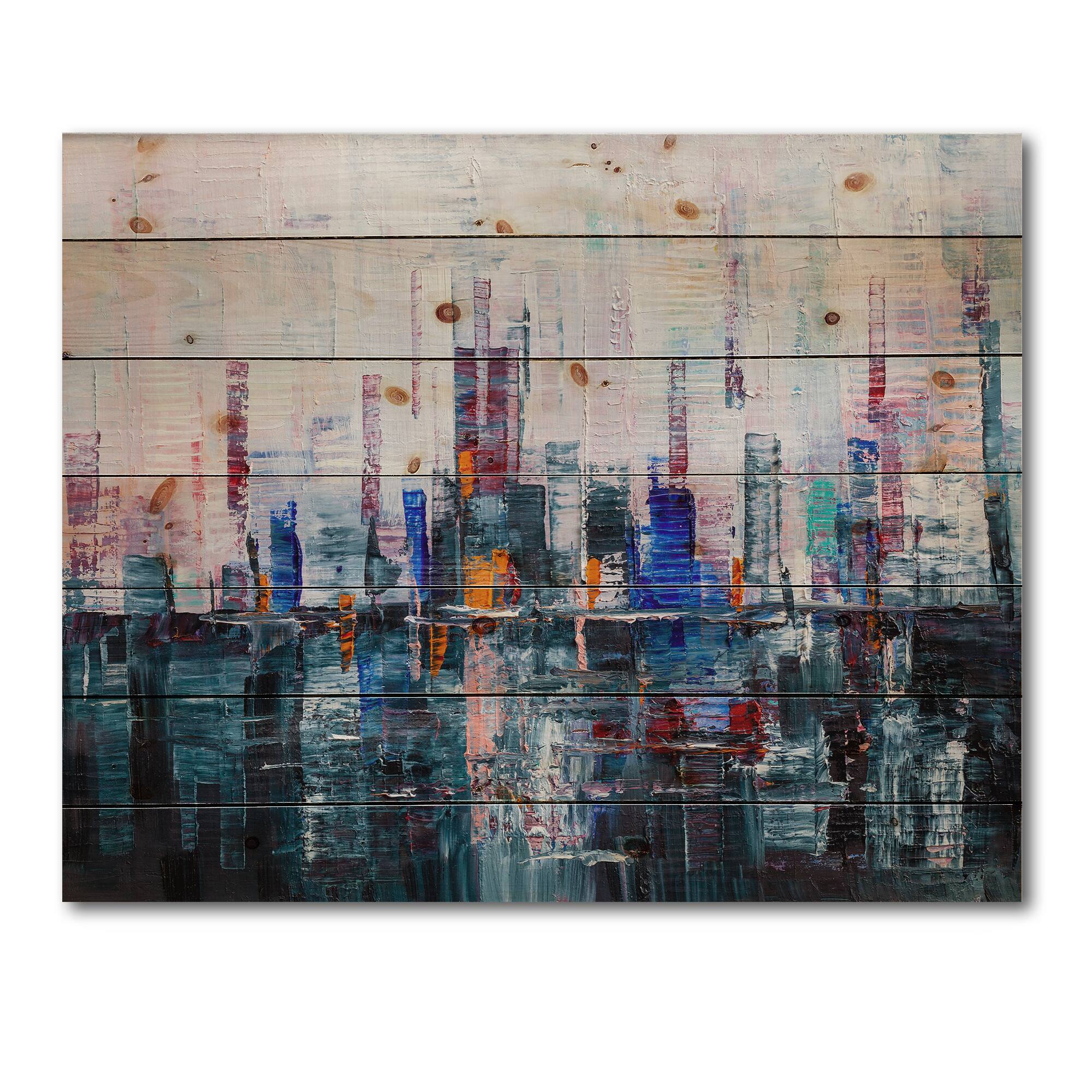 Designart - Modern Abstract City A Wall of Skyscrapers - Modern Print on Natural Pine Wood
