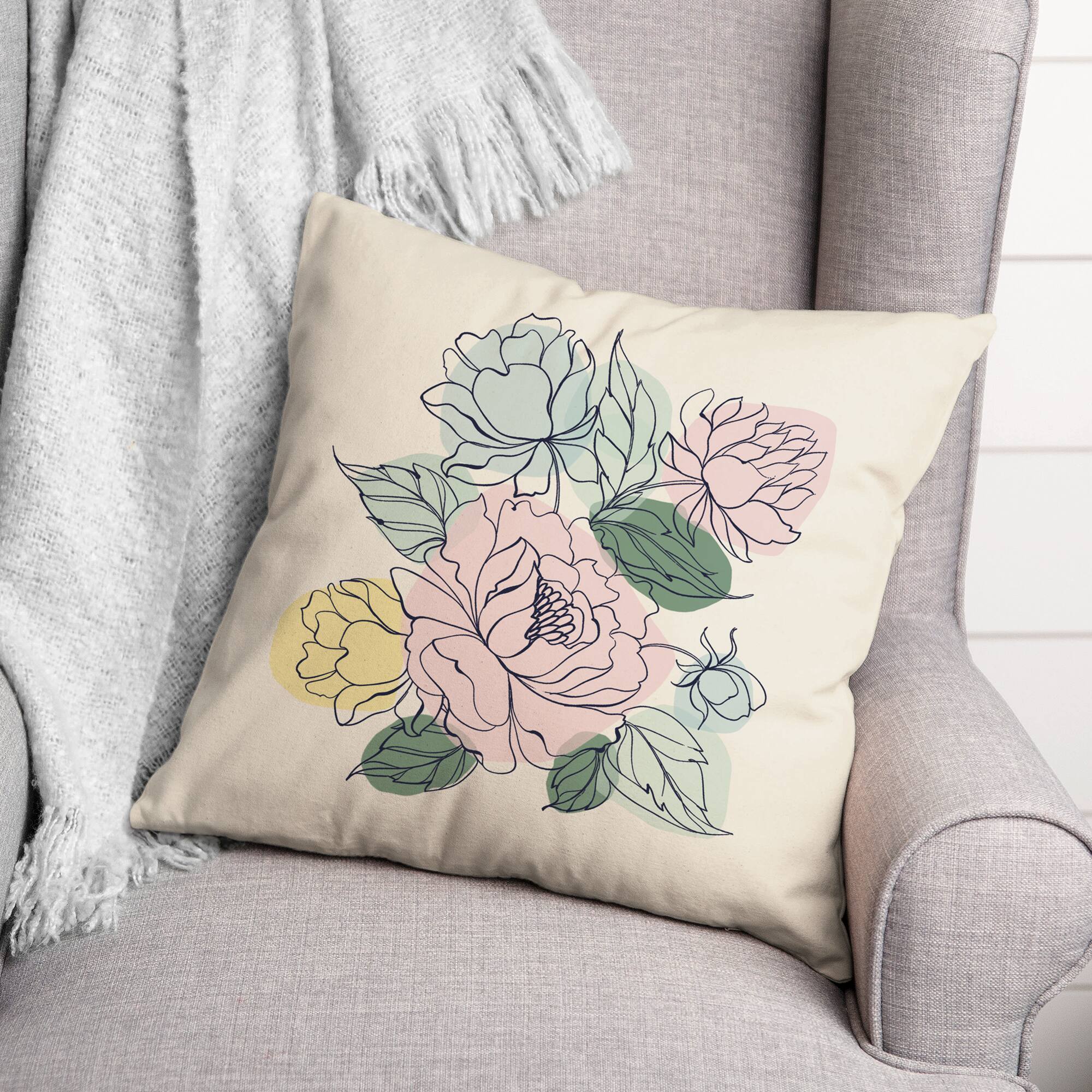 Floral Sketch Color Blobs 18" x 18" Throw Pillow