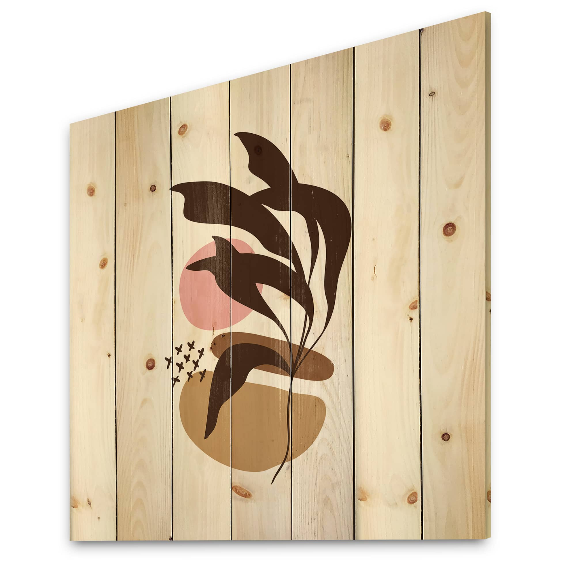 Designart - Elementary Shapes With Abstract Plants - Modern Print on Natural Pine Wood