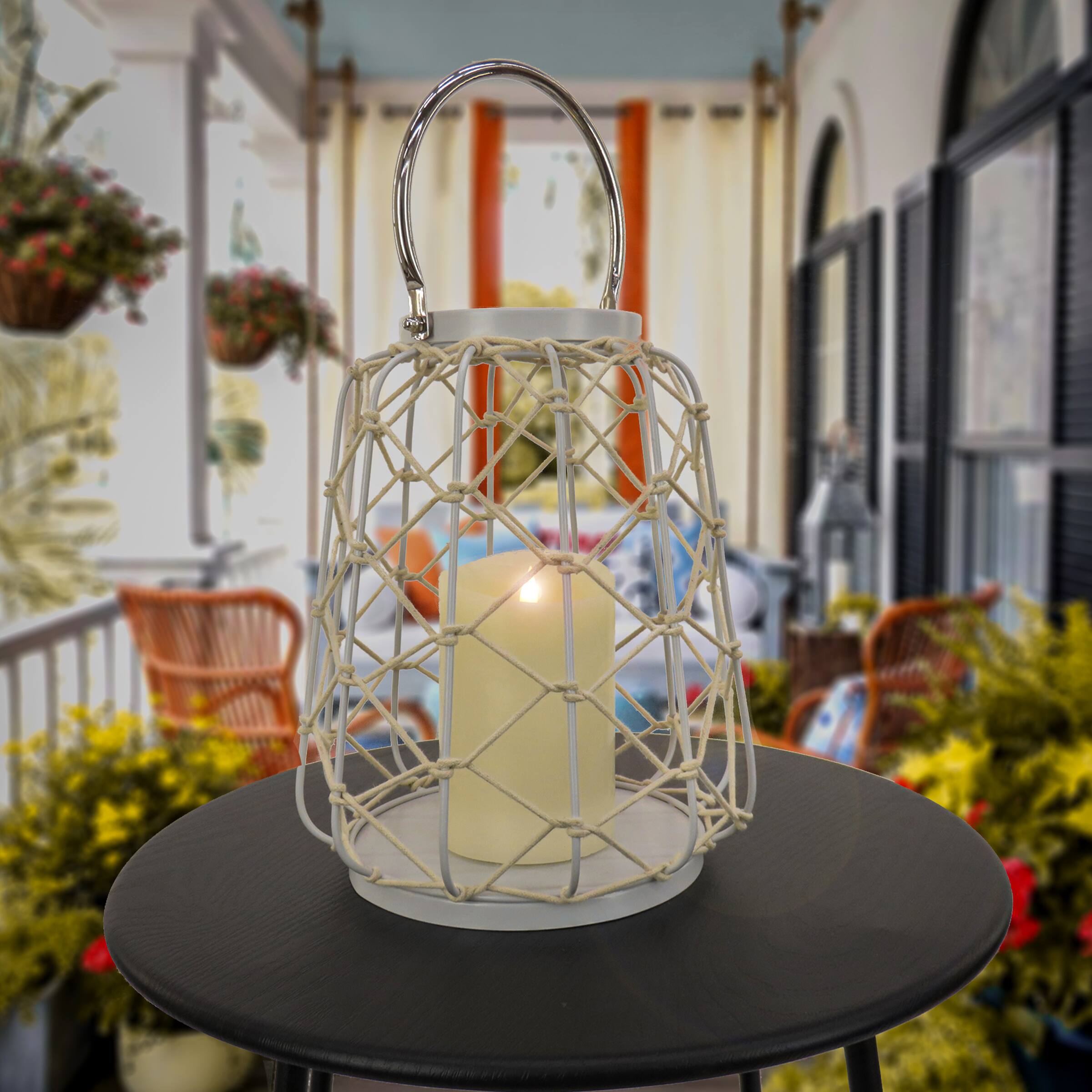 Glacier Gray Candle Lantern with Rope Weave