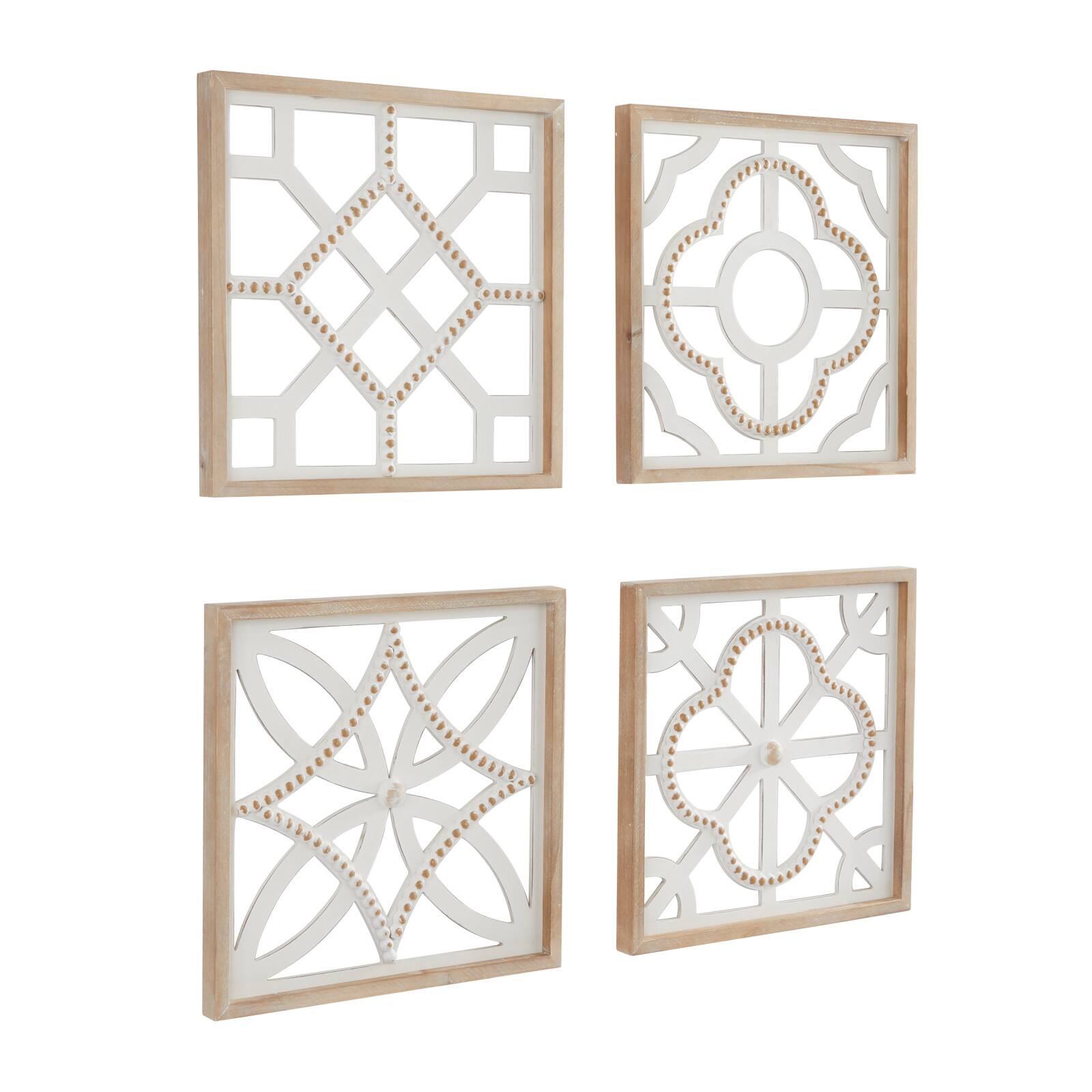 White Wood Beaded Geometric Wall Decor Set of 4 15", 15"
