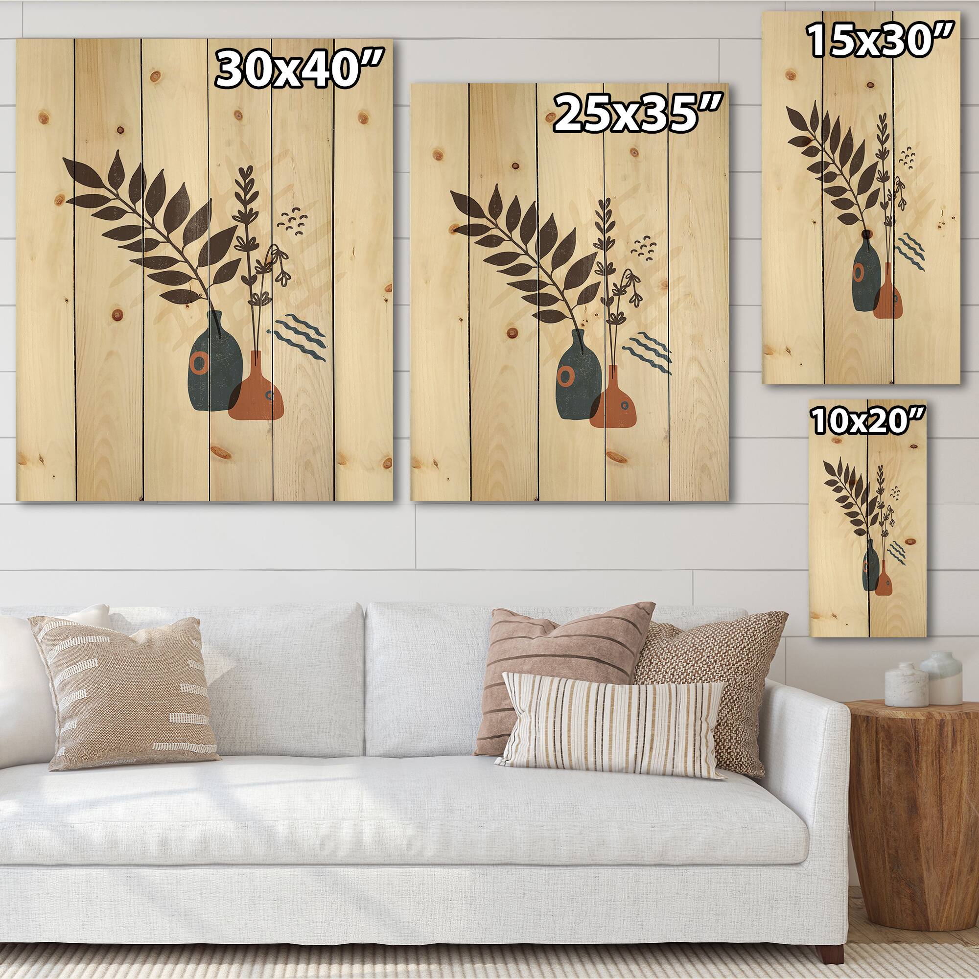 Designart - Vintage Boho Minimalistic Flowers I - Modern Print on Natural Pine Wood