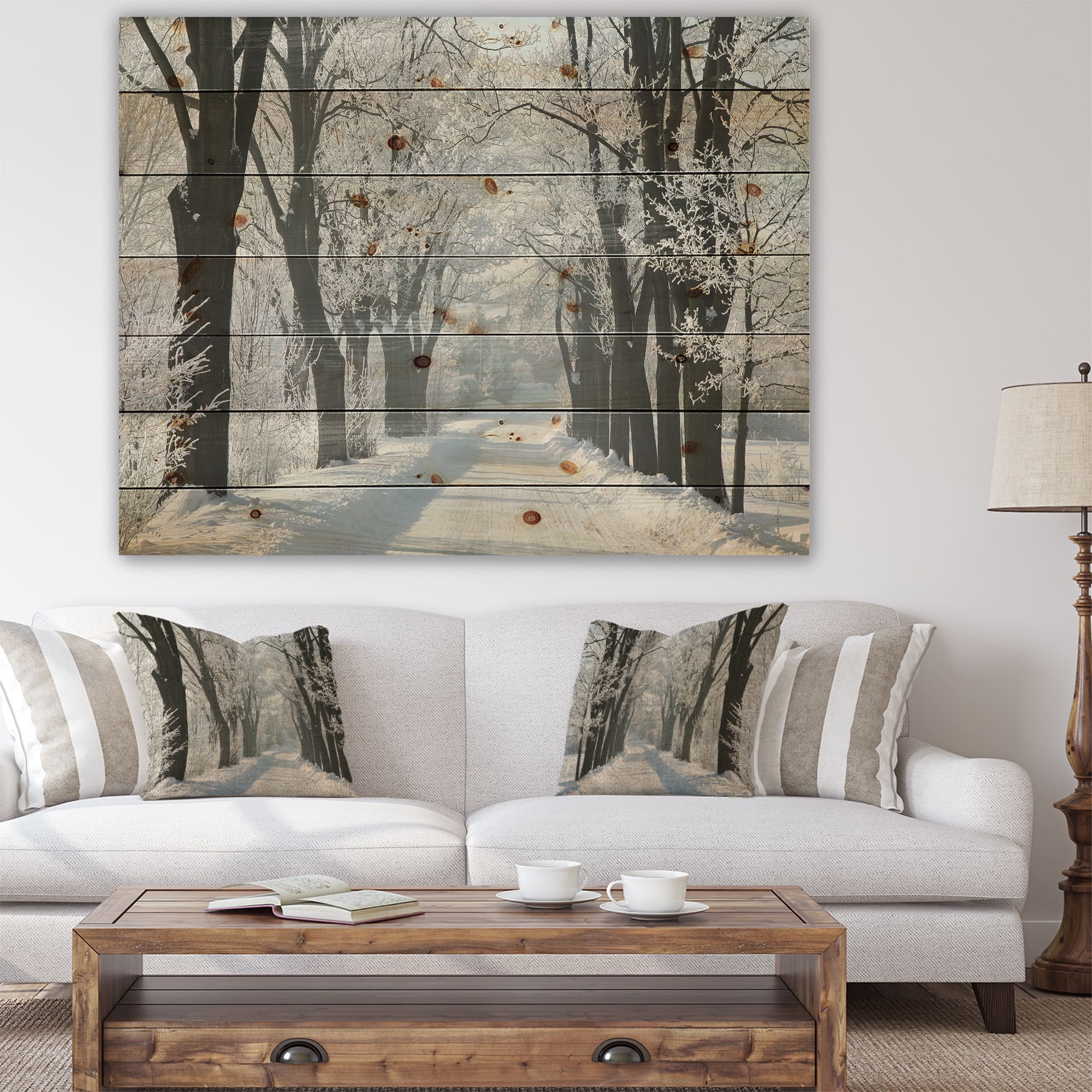 Designart - Country Road Between Foggy Trees - Forest Print on Natural Pine Wood