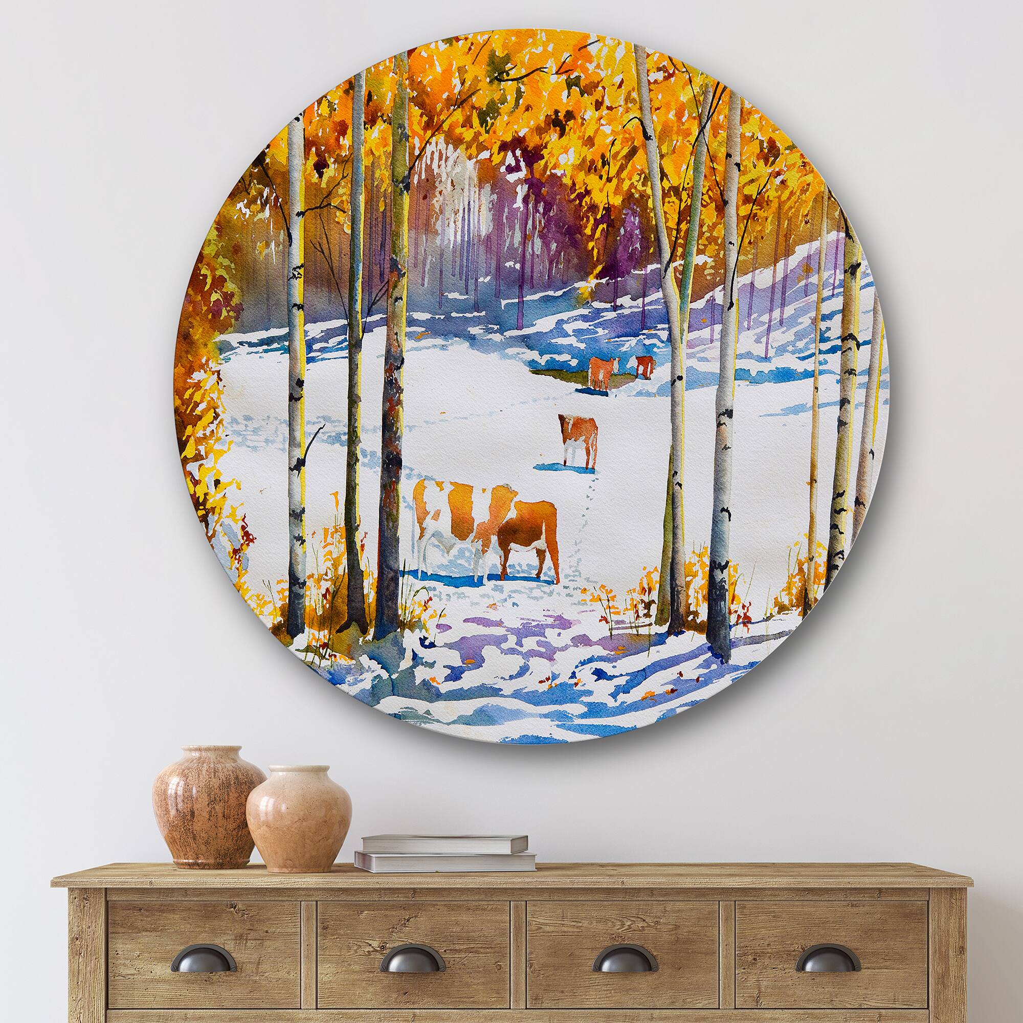 Designart - Cattle In The Early Snow In The Forest - Farmhouse Metal Circle Wall Art