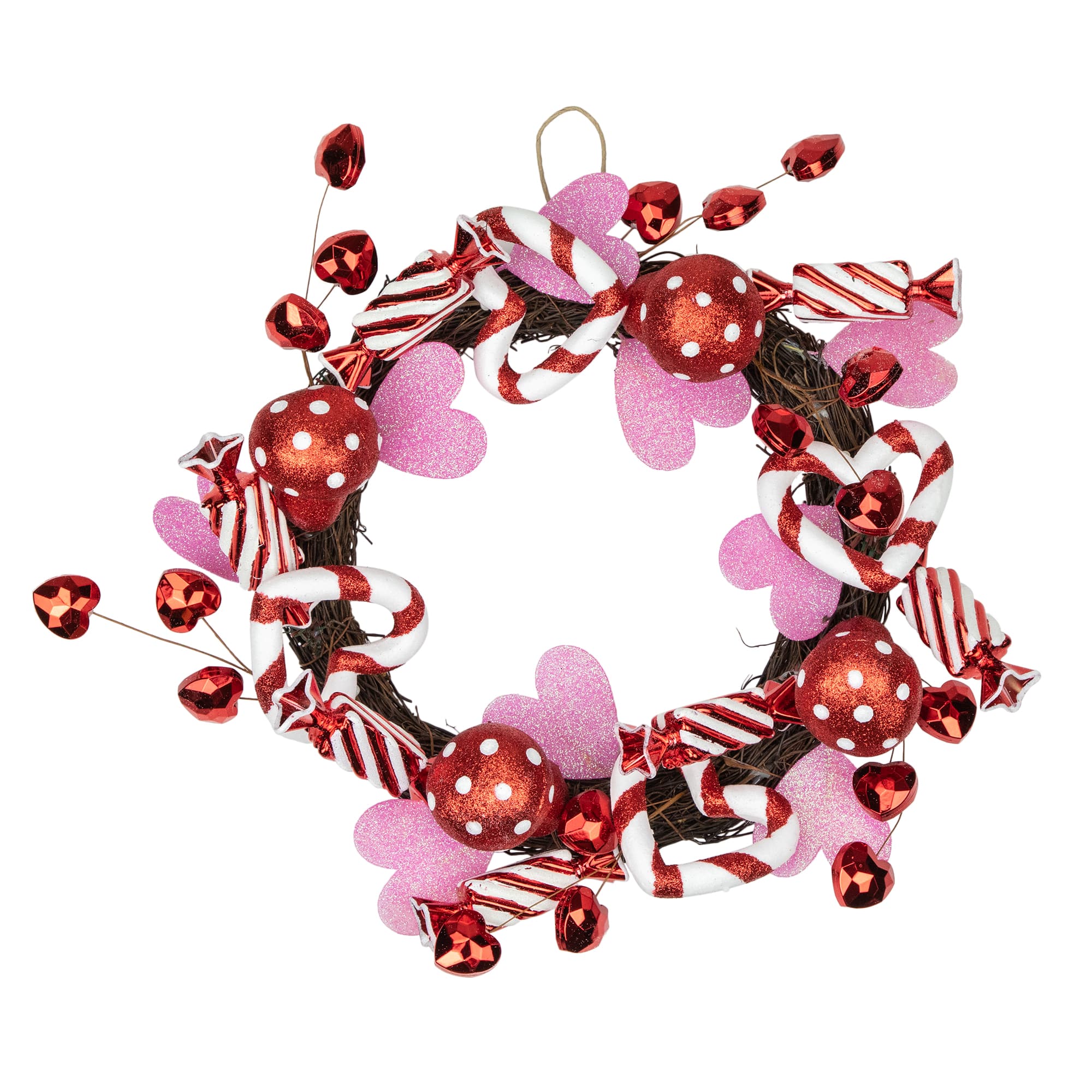 Red and White Candies and Hearts Valentine's Day Wreath 16" Unlit