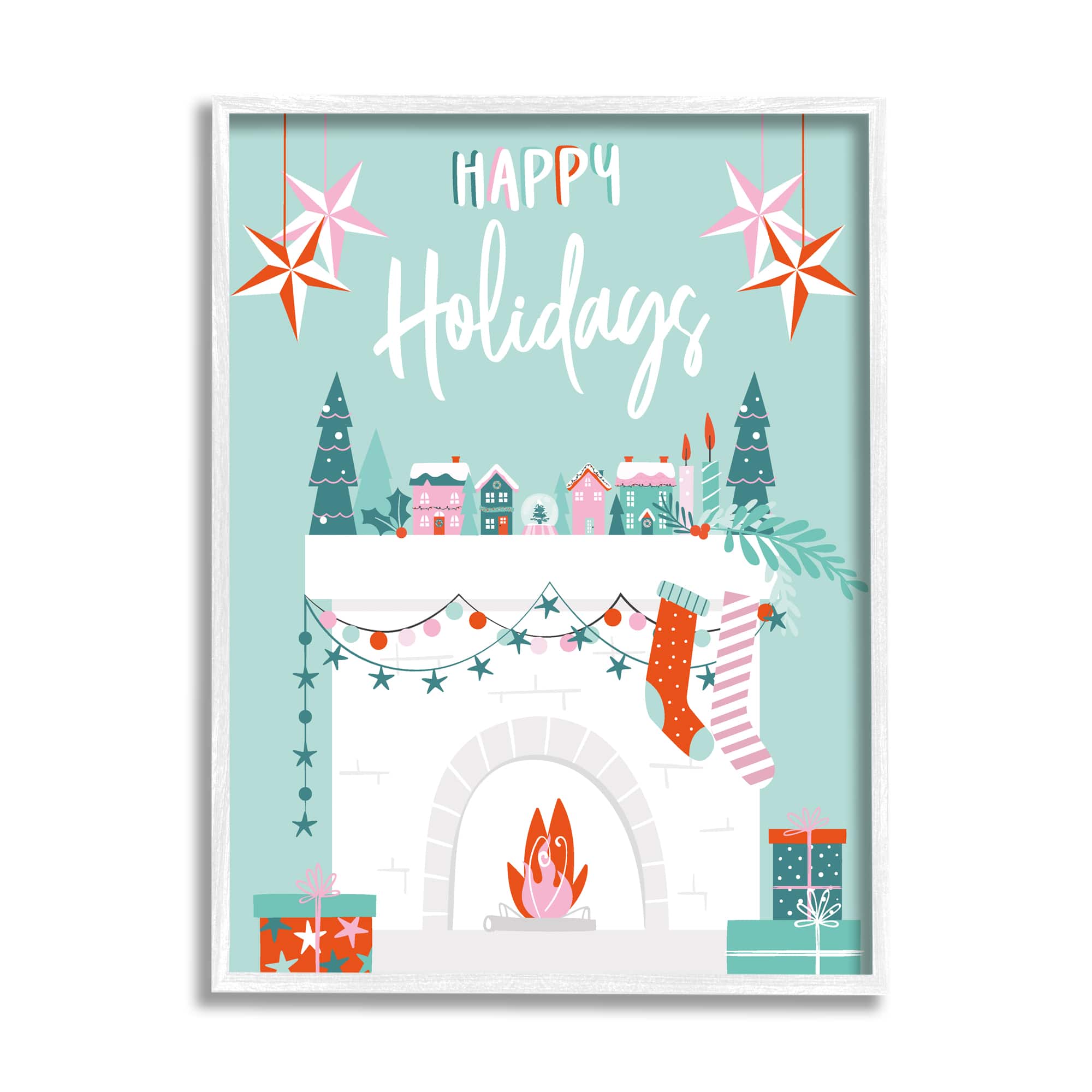 Stupell Industries Happy Holidays Festive Mantel Stockings Framed Giclee Art