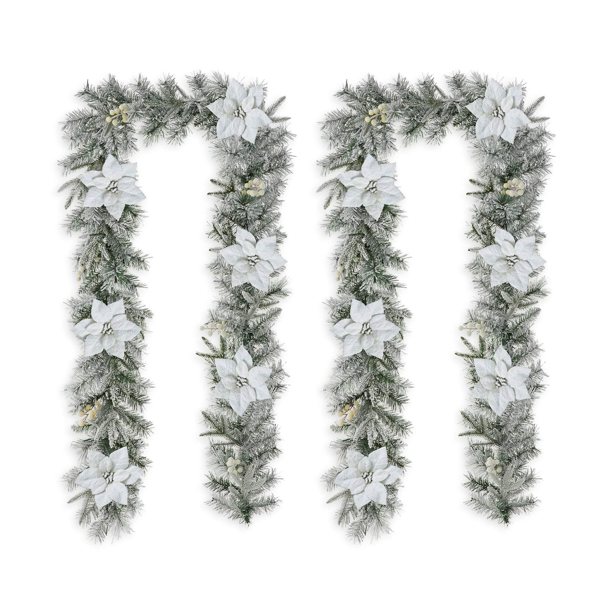 Glitzhome&#xAE; 2 Pack 9ft. Pre-Lit Snow Flocked Greenery Pine Poinsettia Christmas Garland