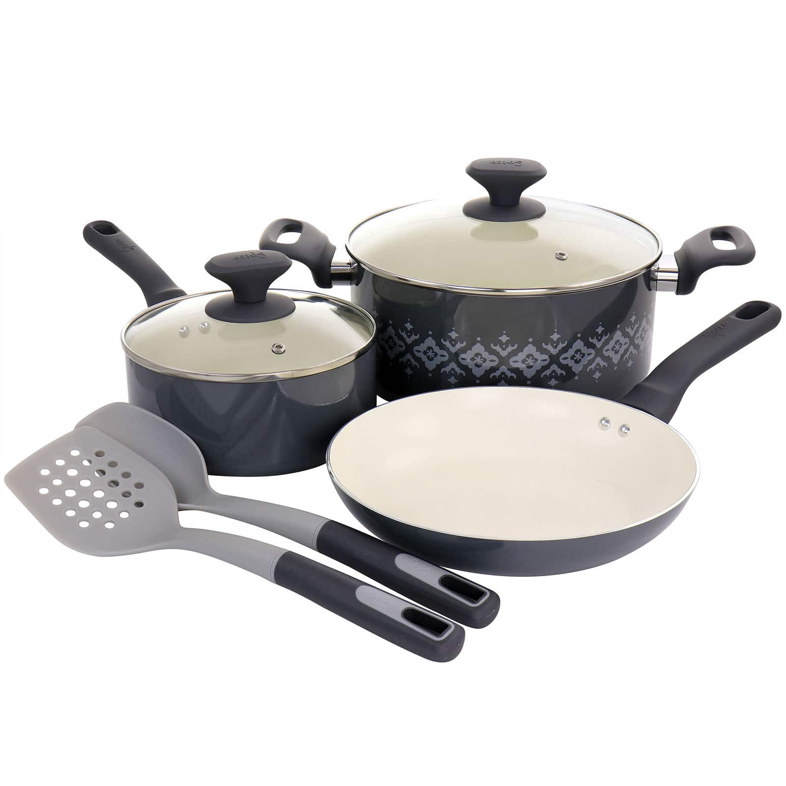 Spice by Tia Mowry Savory Saffron Gray 7 Piece Ceramic Nonstick Aluminum Cookware Set with Nylon Utensils