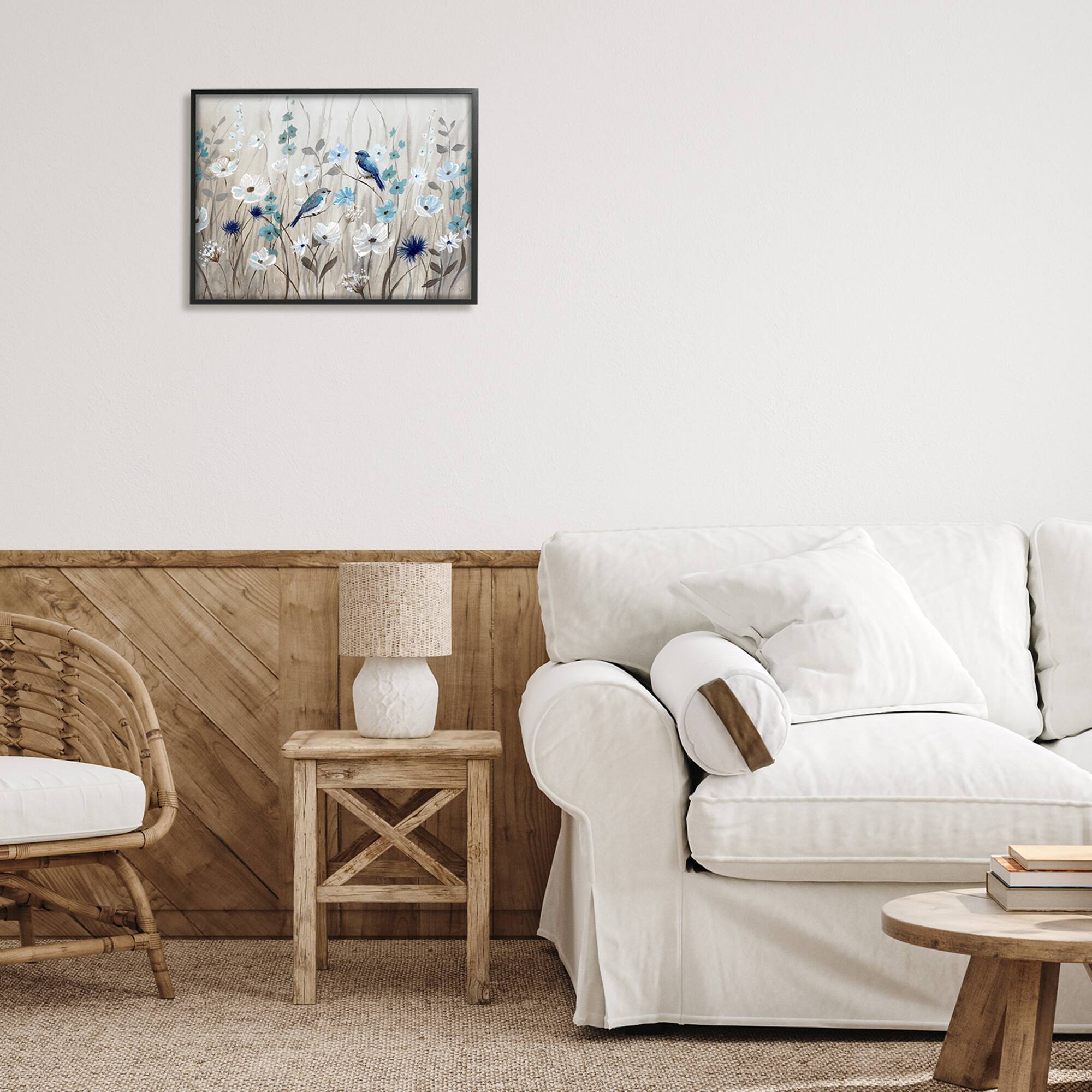 Stupell Industries Birds Floral Meadow Blue White Blossoms Framed Giclee Art