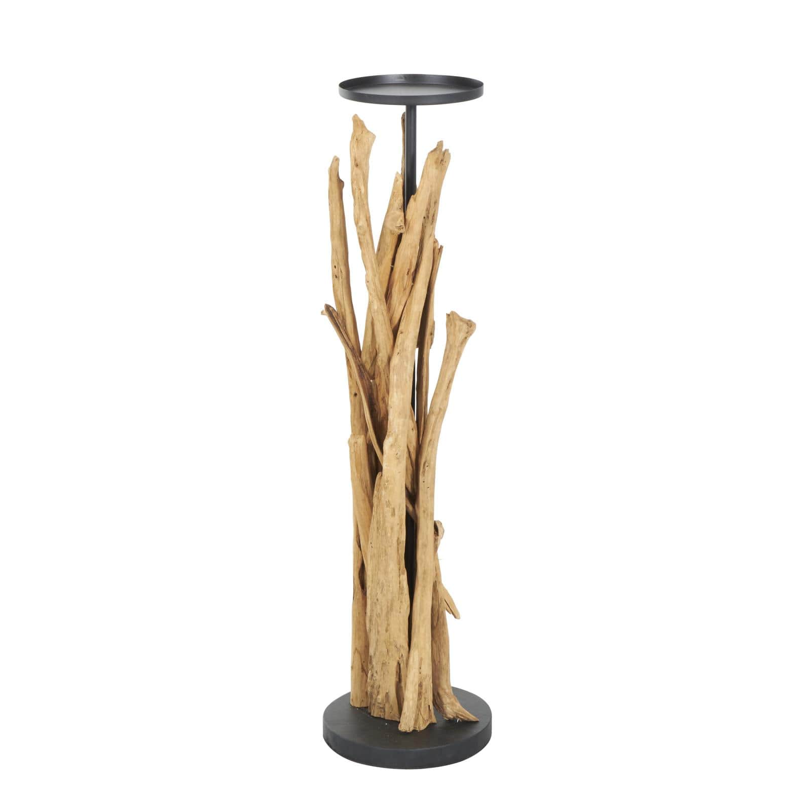 39&#x22; Brown Teak Wood Handmade Tall Tree Branch Floor Candle Holder with Black Metal Accents