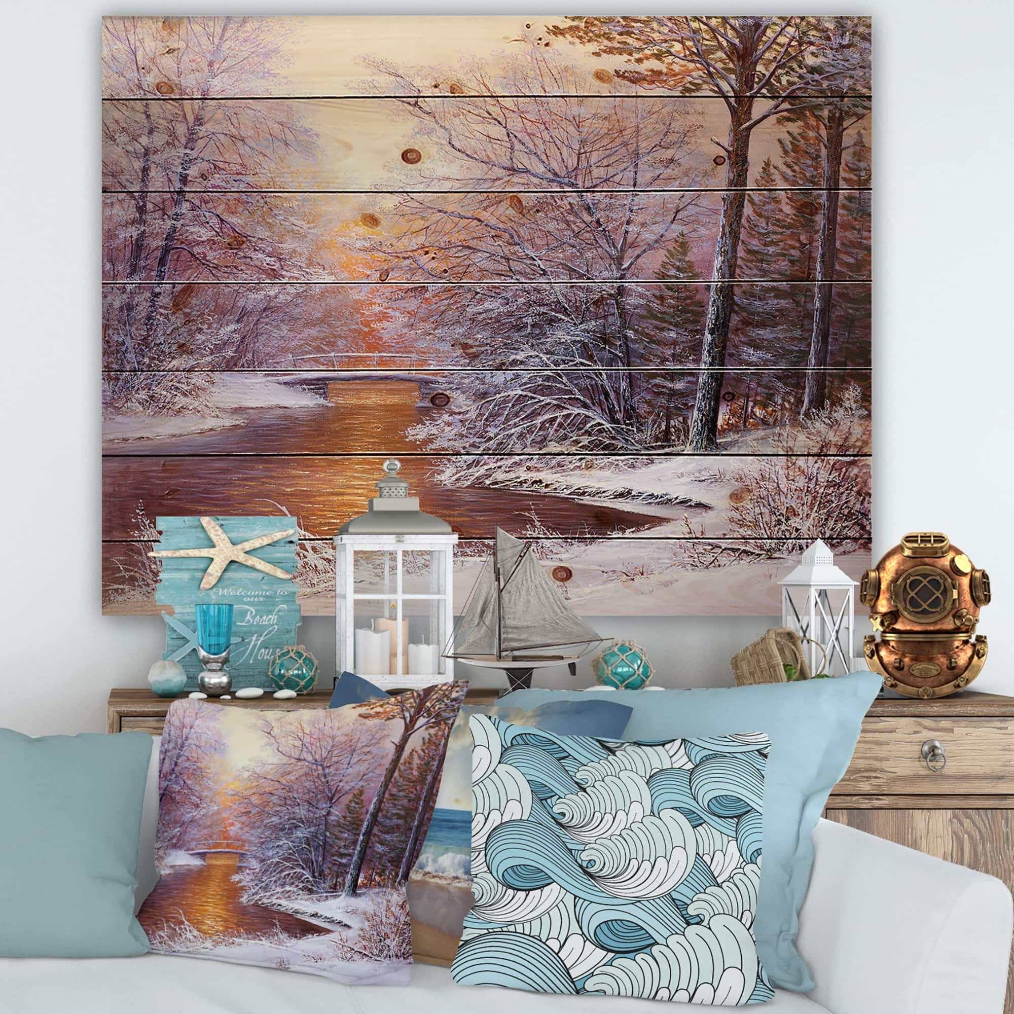 Designart Christmas Forest with River &#x26; Trees II Print on Natural Pine Wood