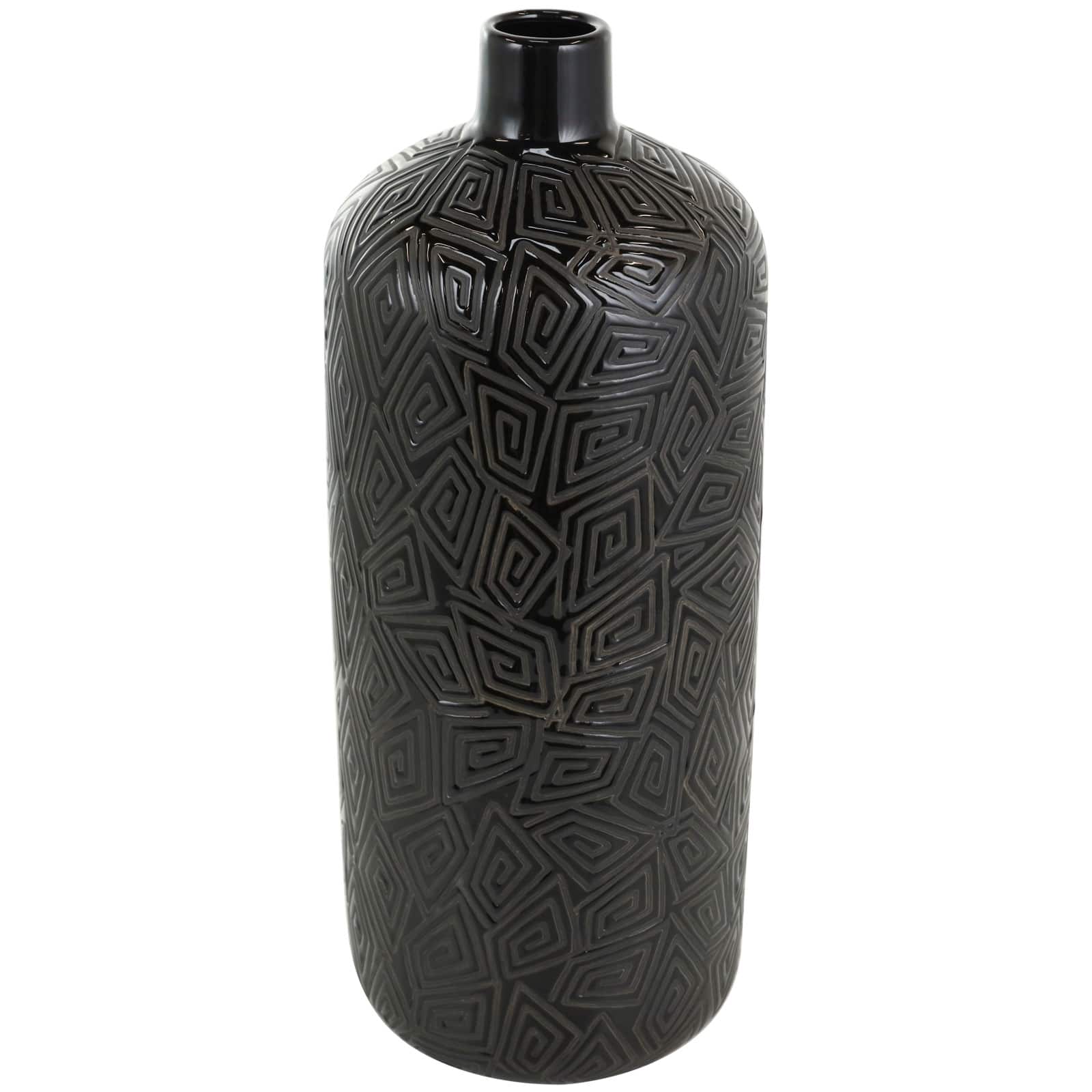 19&#x22; Black Geometric Etched Ceramic Vase