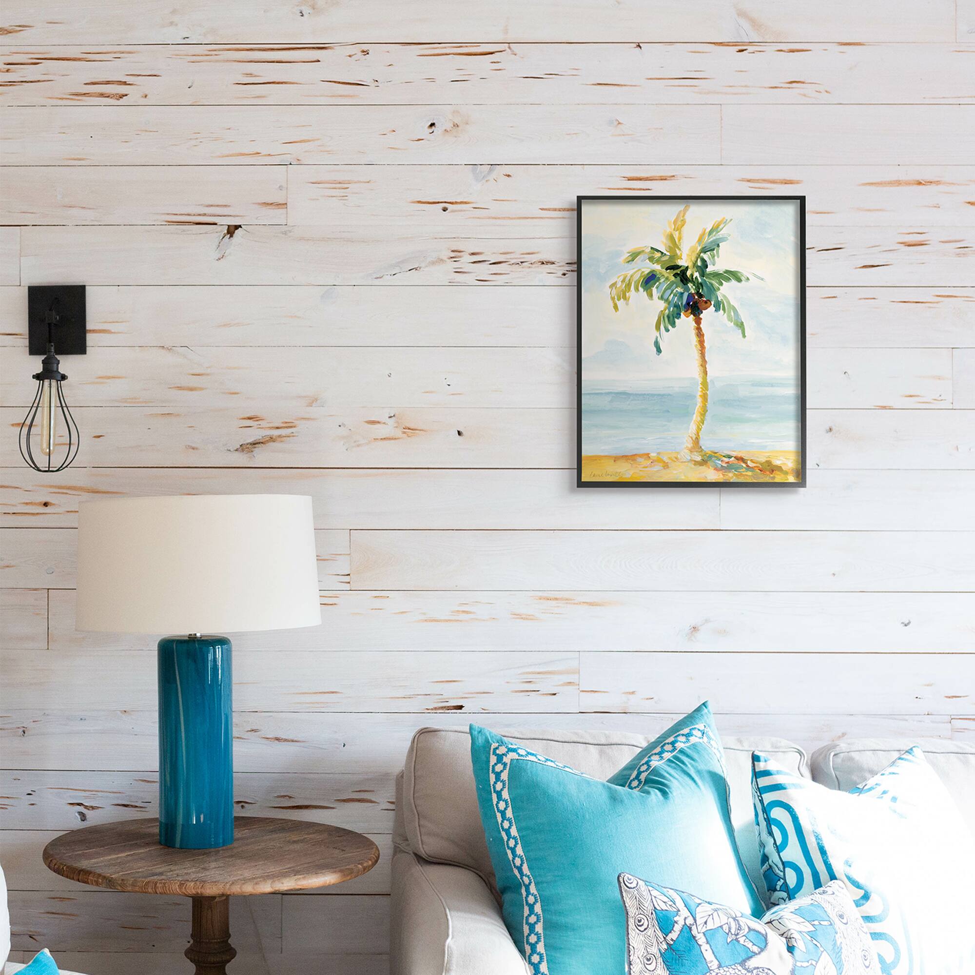 Stupell Industries Palm Tree with Coconuts on Beach Sand in Black Frame Wall Art