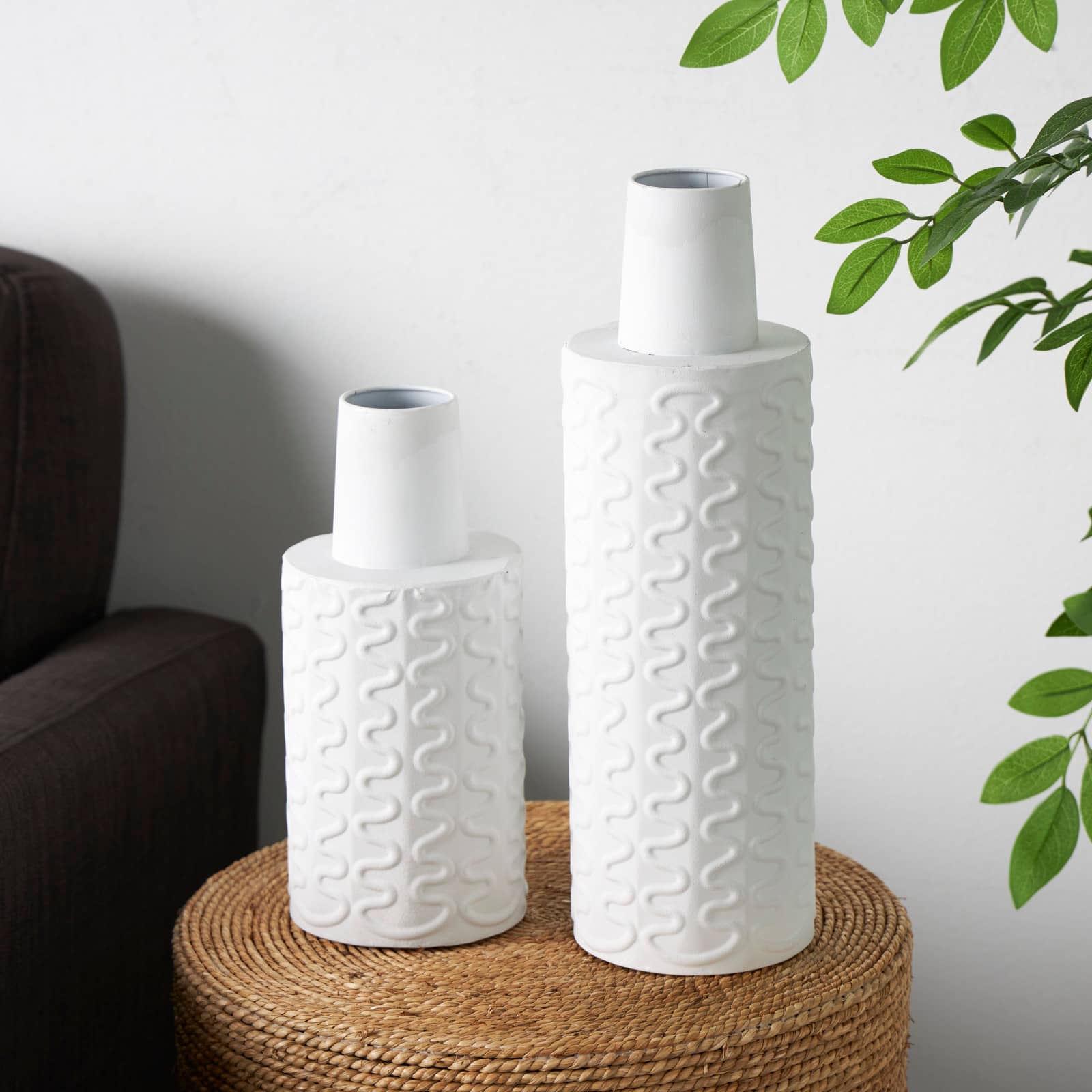 White Metal Abstract Wavy Textured Vase Set