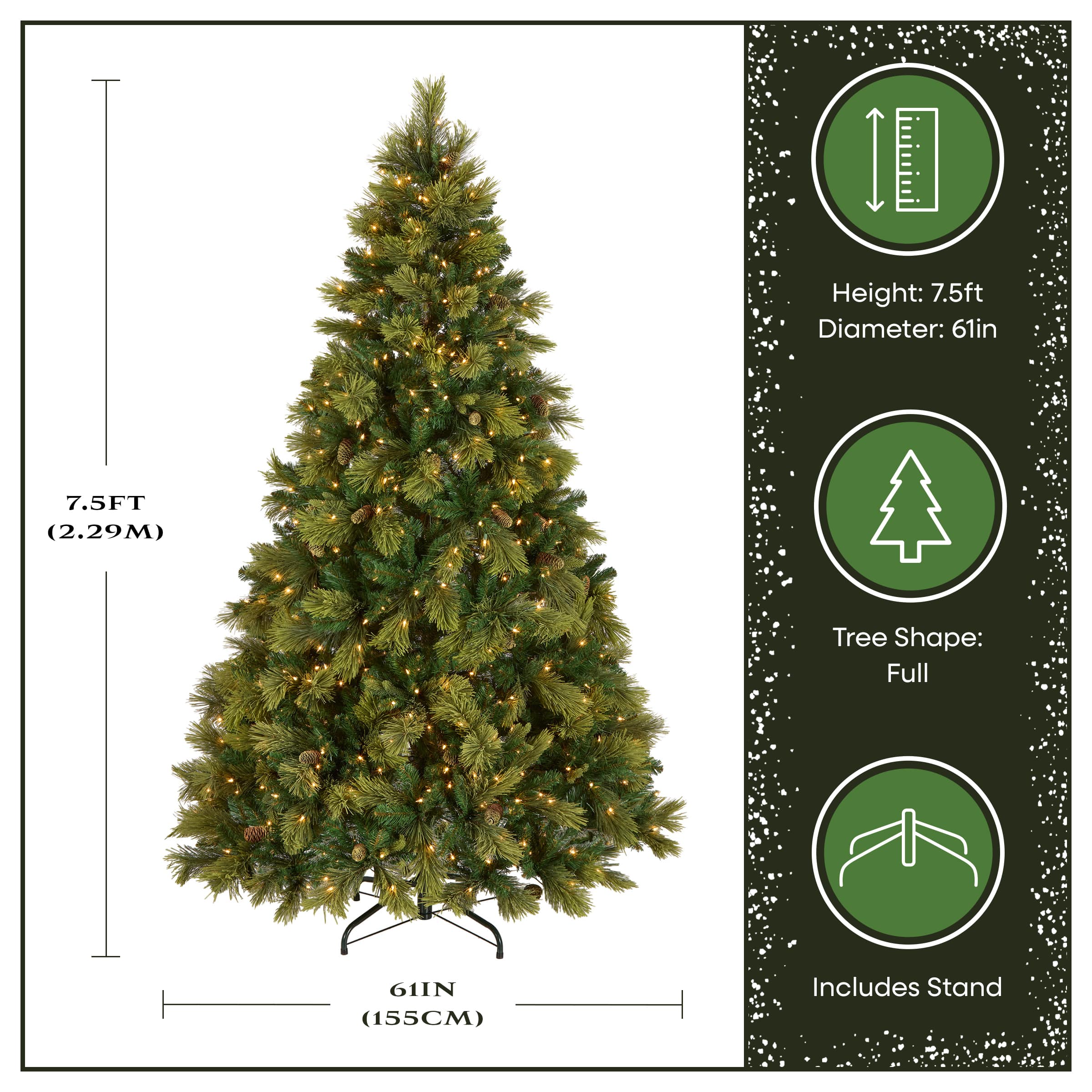 7.5 ft. Pre-lit Hinged Carolina Pine Full Artificial Christmas Tree, Clear Lights
