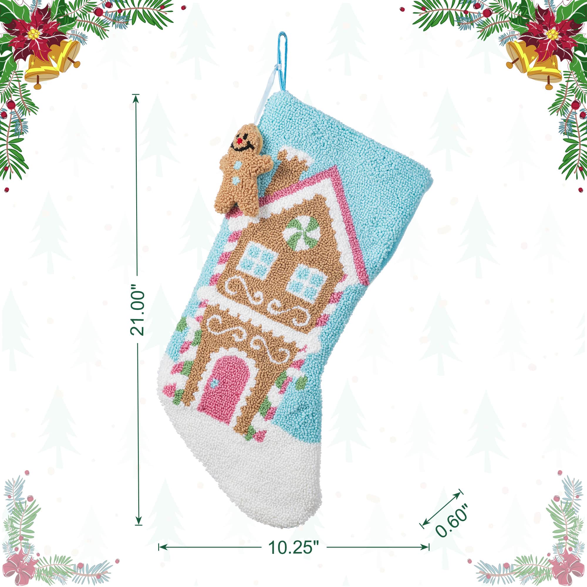Glitzhome&#xAE; 21&#x22;L Hooked Gingerbread House Stocking with Gingerbread Man Ornament