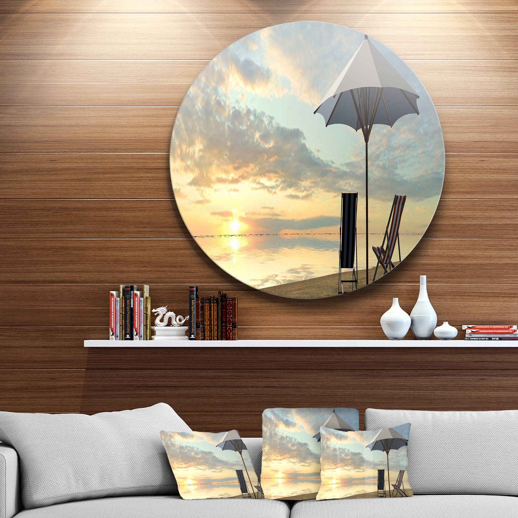 Designart - Deck Chairs and Umbrella on Beach&#x27; Seascape Metal Artwork
